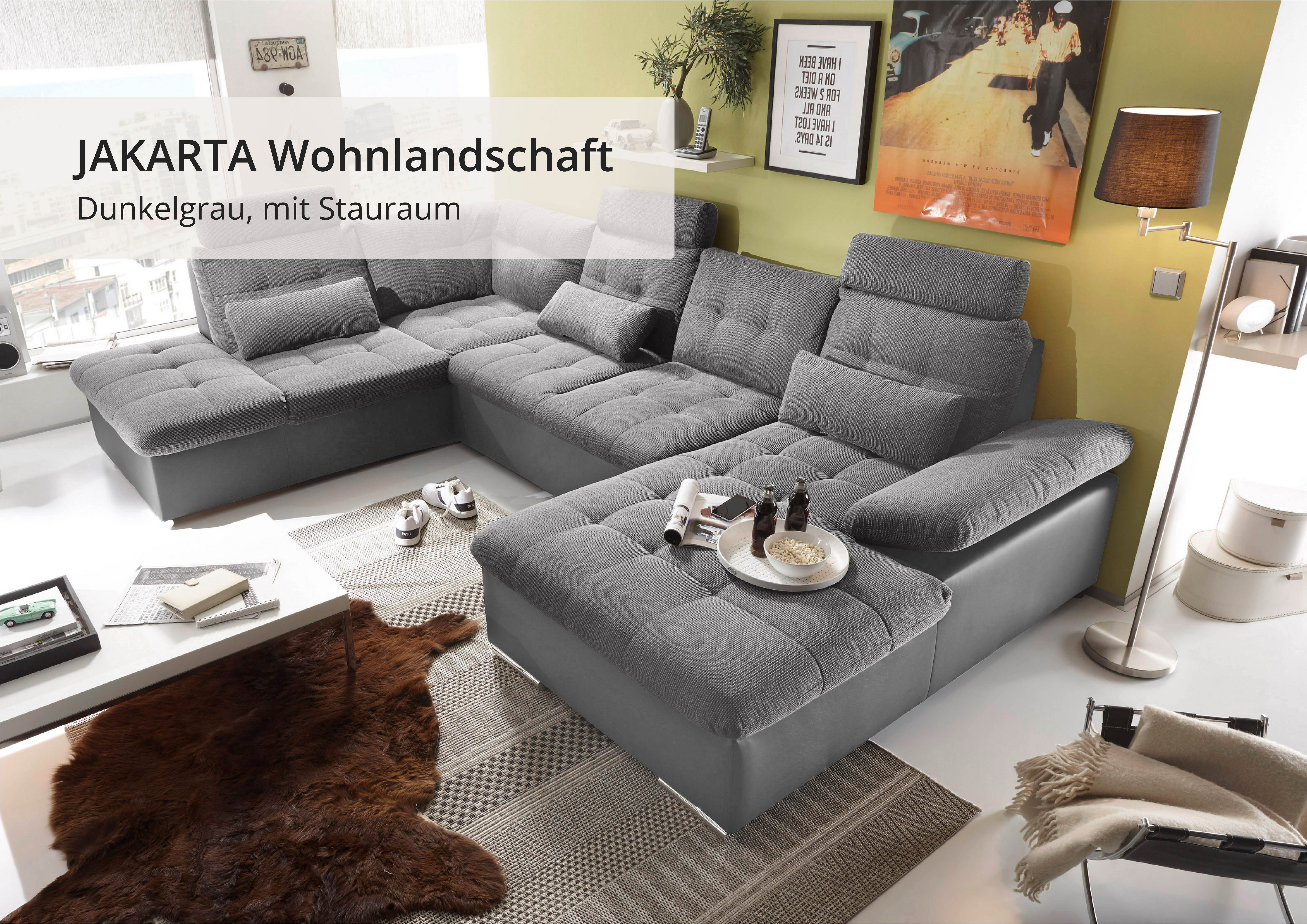 ED EXCITING DESIGN Wohnlandschaft Jakarta U-Form mit Bettfunktion, Bettkasten, Armteilverstellung, Kopfstützen & 3 Nierenkissen