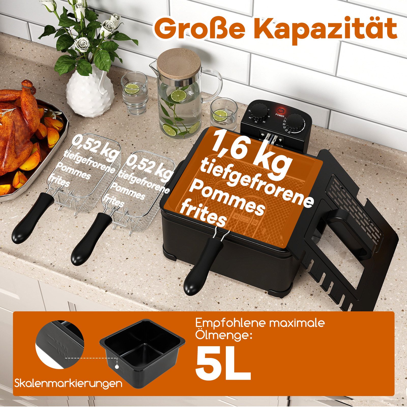 COSTWAY Fritteuse, 2000 W, 3L Frittiertopf mit Öl, Korb & Deckel & Timer