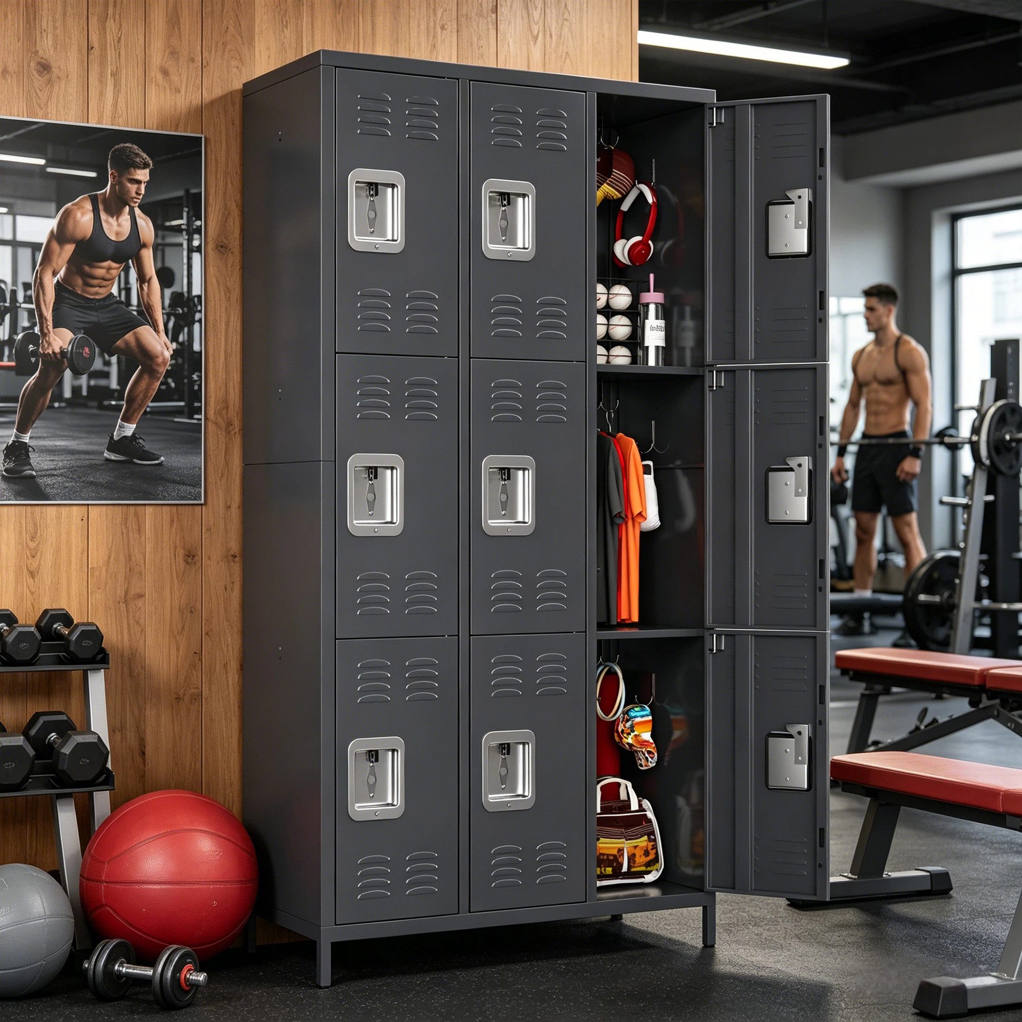 AOBABO Mehrzweckschrank mit Haken, geeignet für Schulen, Fitnessstudios (1-St) Metallschrank mit 9 Türen, 90x40x183cm