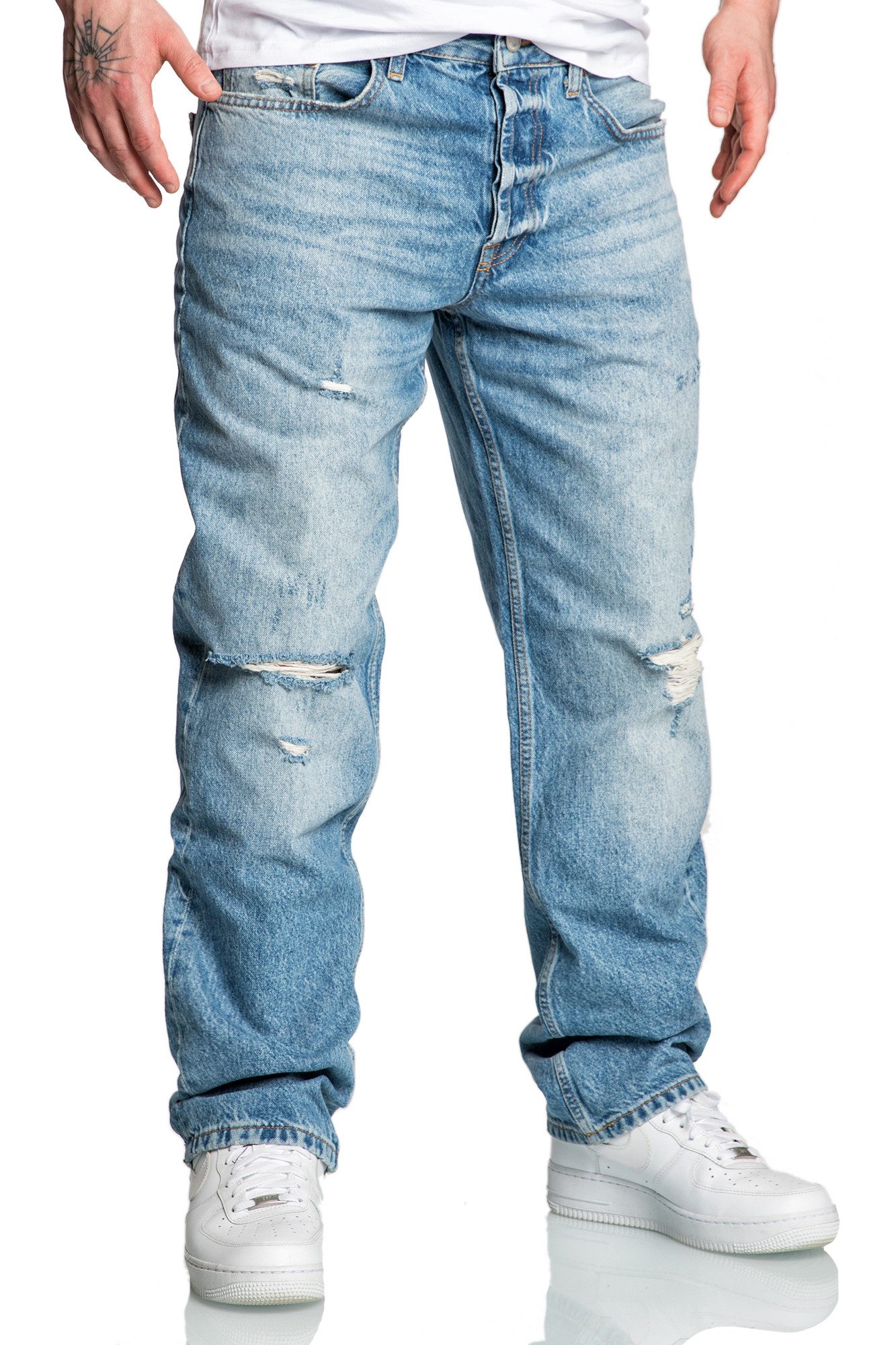 REPUBLIX Loose-fit-Jeans EZRA Herren 90s Destroyed Denim Jeans Hose Straight Baggy