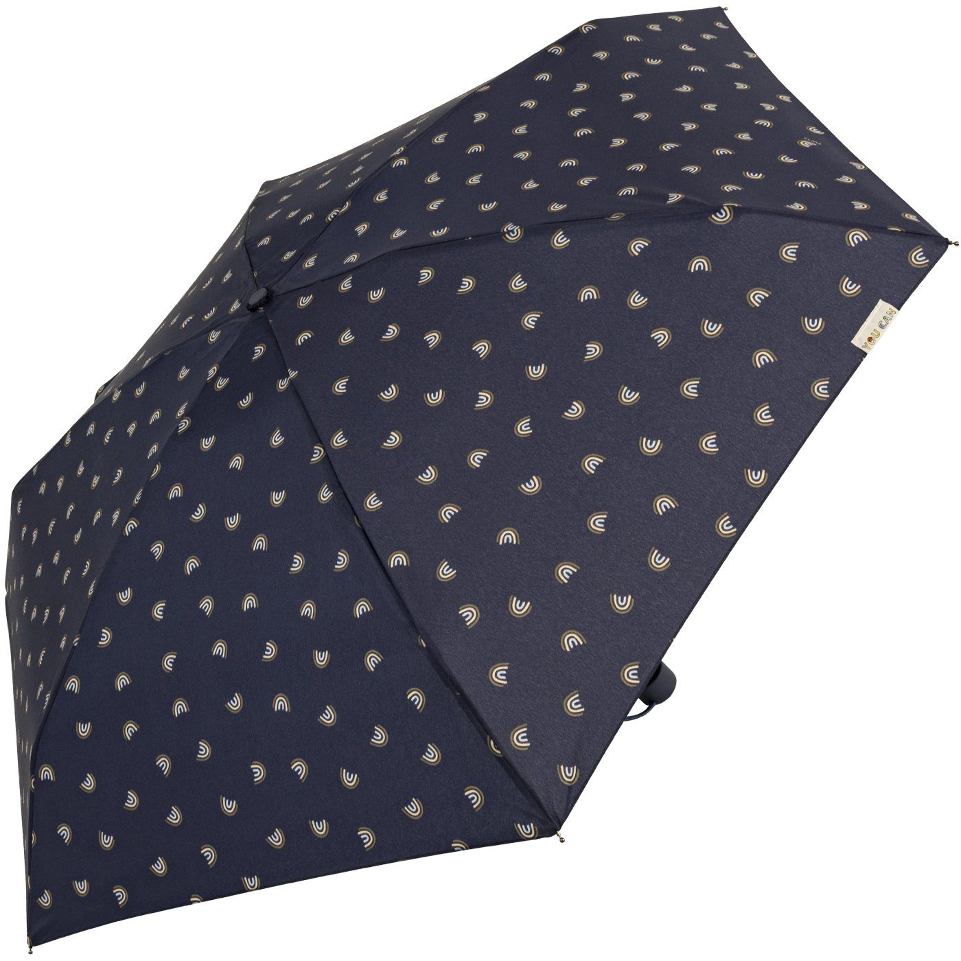Farben Damen-Regenschirm, kompakt, mit stabil, mit bisetti Handöffner, navy gedeckte klein, Bögen-Motiv Taschenregenschirm -