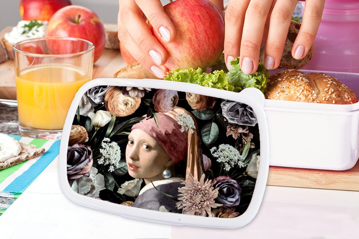 MuchoWow Lunchbox Mädchen mit (2-tlg), Kunstwerk Kinder für Vermeer und Erwachsene, - Blumen - -, Pastell Kunststoff, für Brotdose, Jungs - Perlenohrring und - Mädchen Brotbox weiß