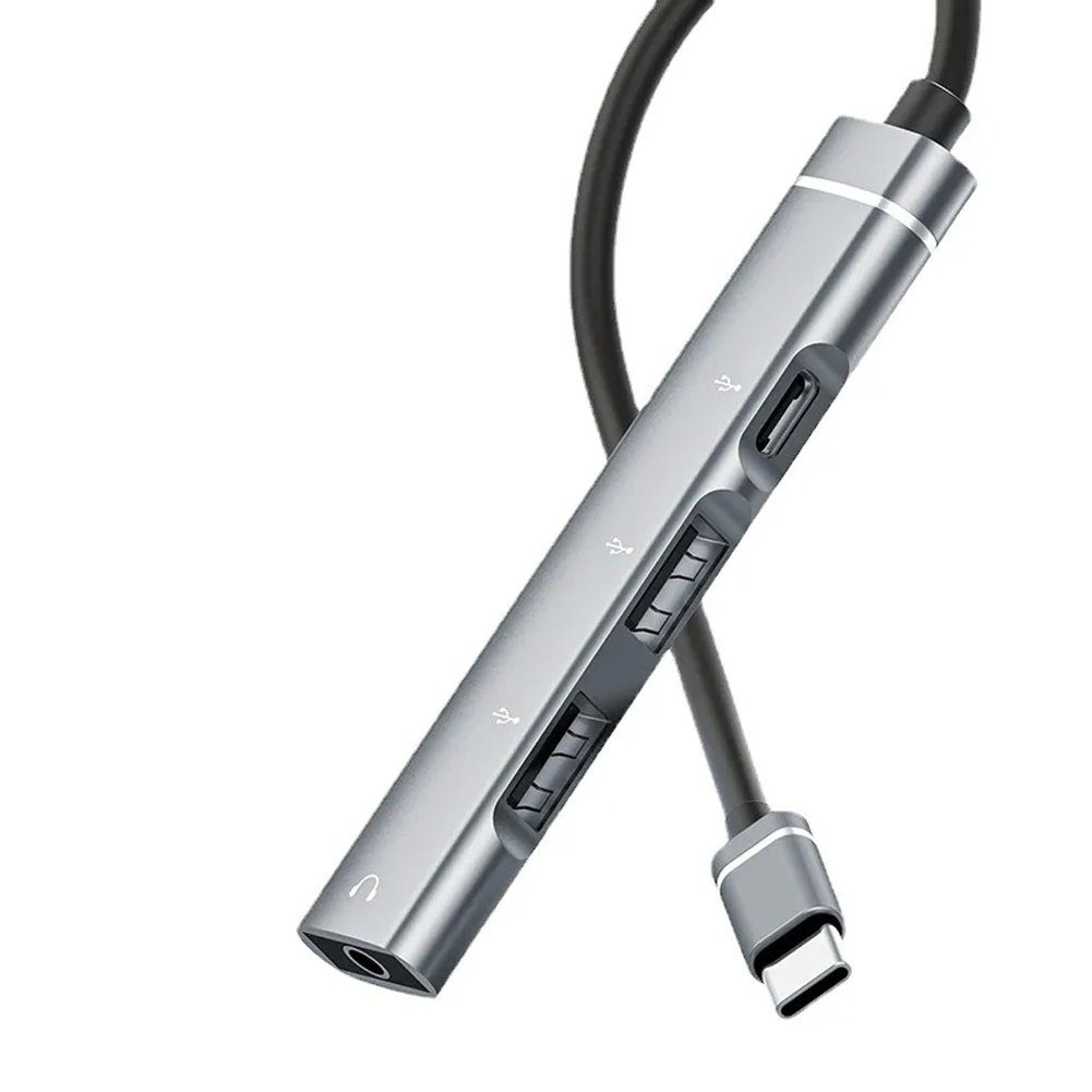 Bolwins K22 4-Port Typ-C auf USB Hub 2.0 + 3.5mm AUX Splitter Laptop PC Handy Computer-Adapter USB-C Stecker zu USB-C, USB-A, 3,5-mm Klinke, 8 cm, 4-in-1 Typ-C Port Extender mit USB & 3,5-mm Audio