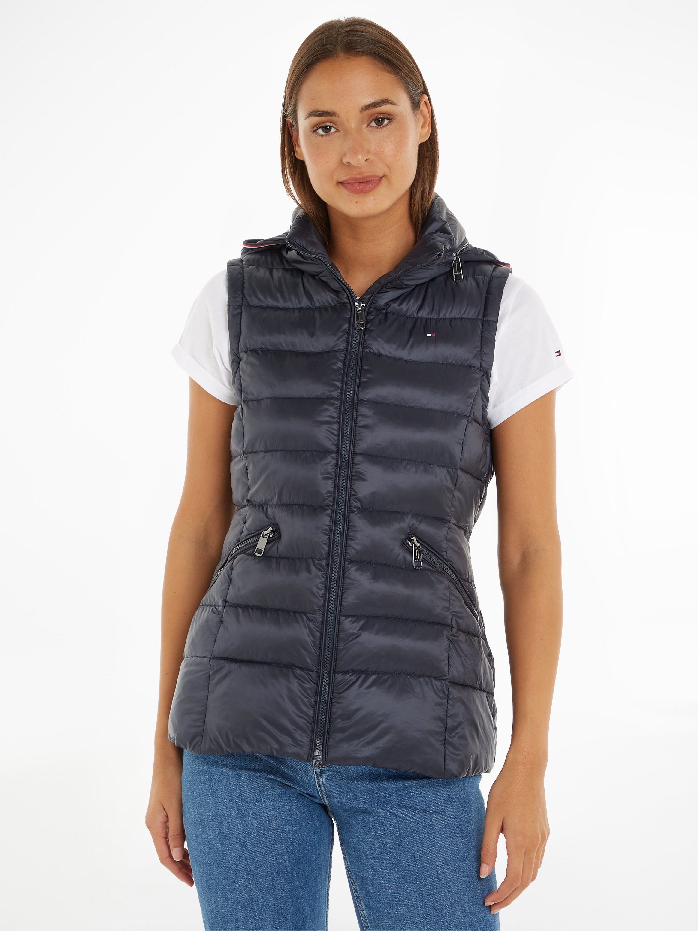 Tommy Hilfiger Steppweste MW PADDED GLOBAL STRIPE VEST mit versteckter Kapuze im Stehkragen Desert_Sky | Steppwesten