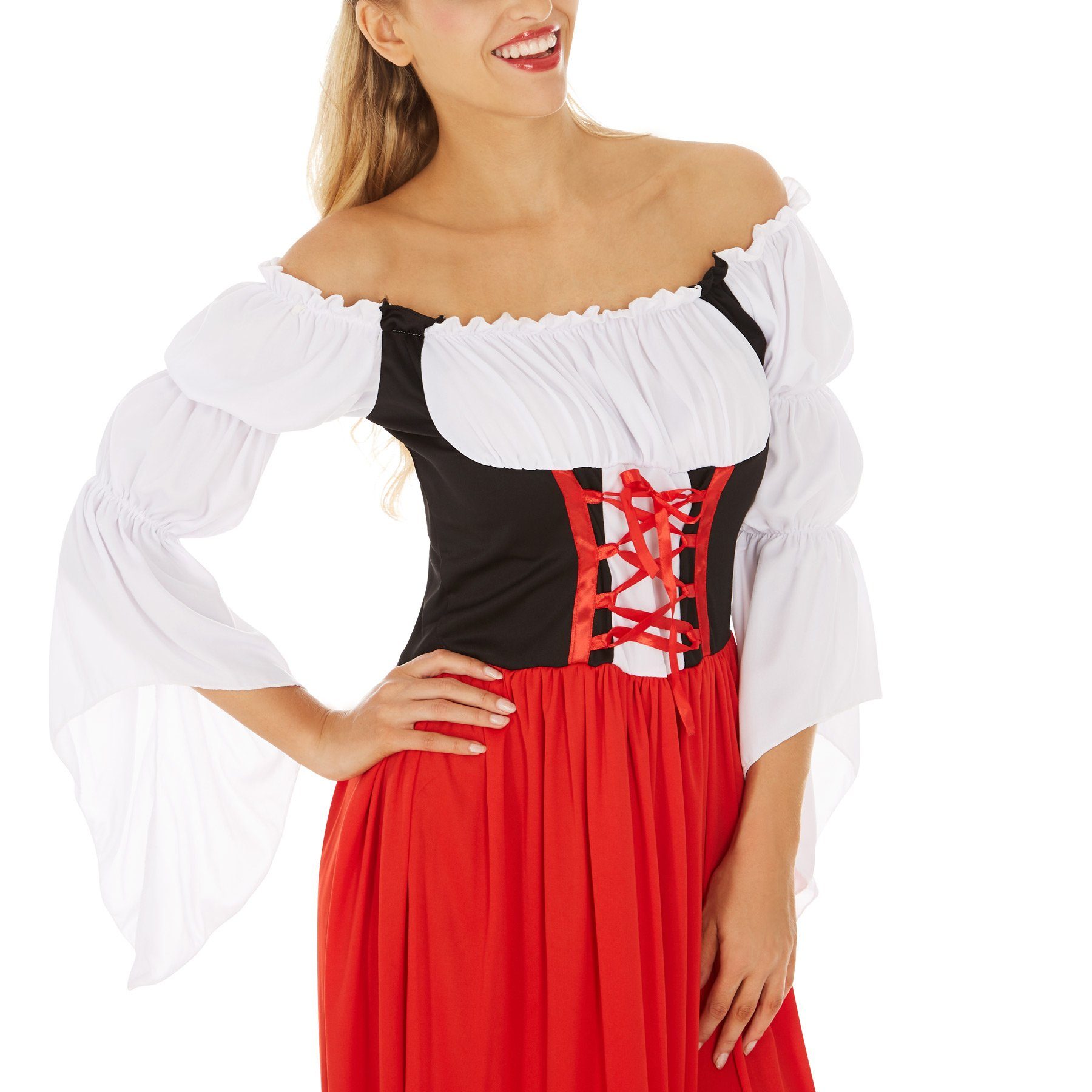 dressforfun Kostüm Dirndlkleid, auch Frauentracht, in schwarz/rot, Konfektionsgröße L, Tailliert gearbeitetes Dirndl mit langem Rock, Breite Ärmelenden