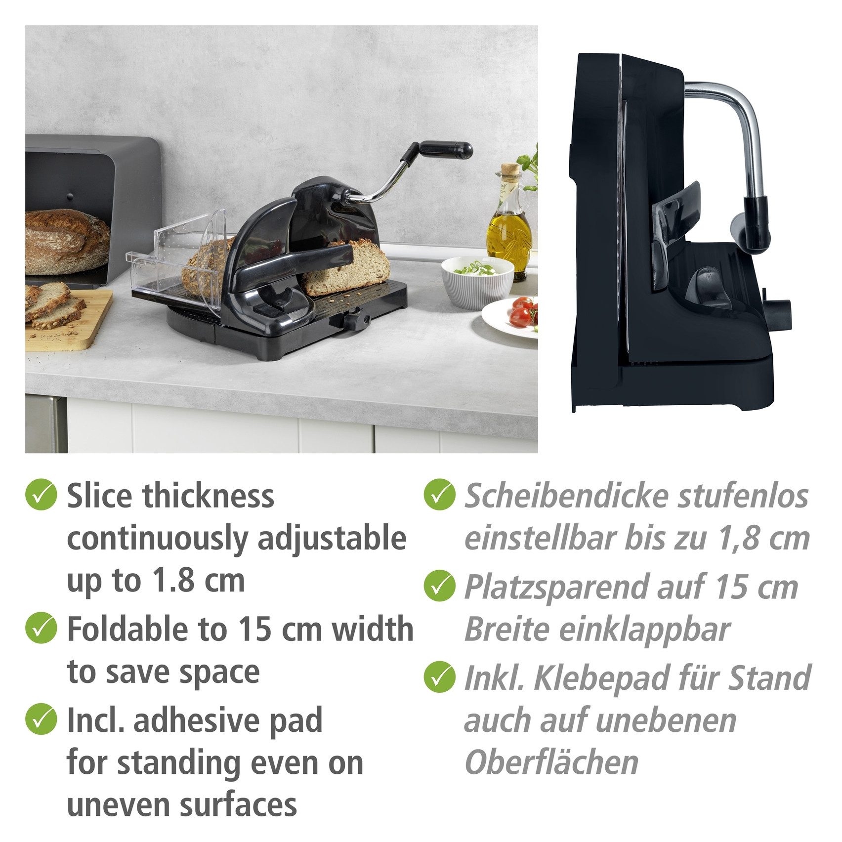WENKO Allesschneider Brotschneidemaschine, mit Edelstahlmesser & Handkurbel, Schnittstärke stufenlos einstellbar