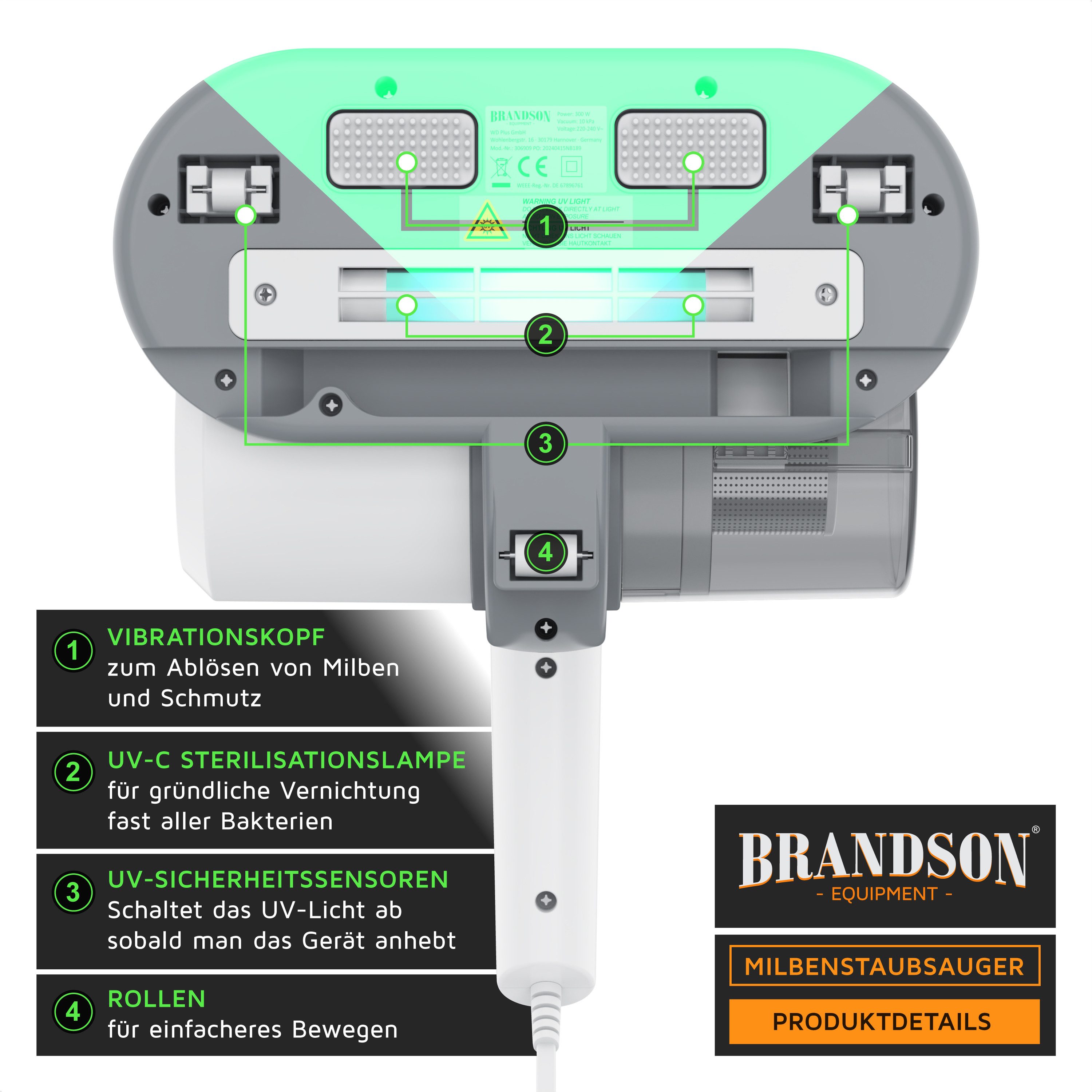 Brandson Matratzenreinigungsgerät Milbenstaubsauger, UV-C Licht, 300 W, beutellos, HEPA Filter, für Betten, Polstermöbel, ideal für Allergiker