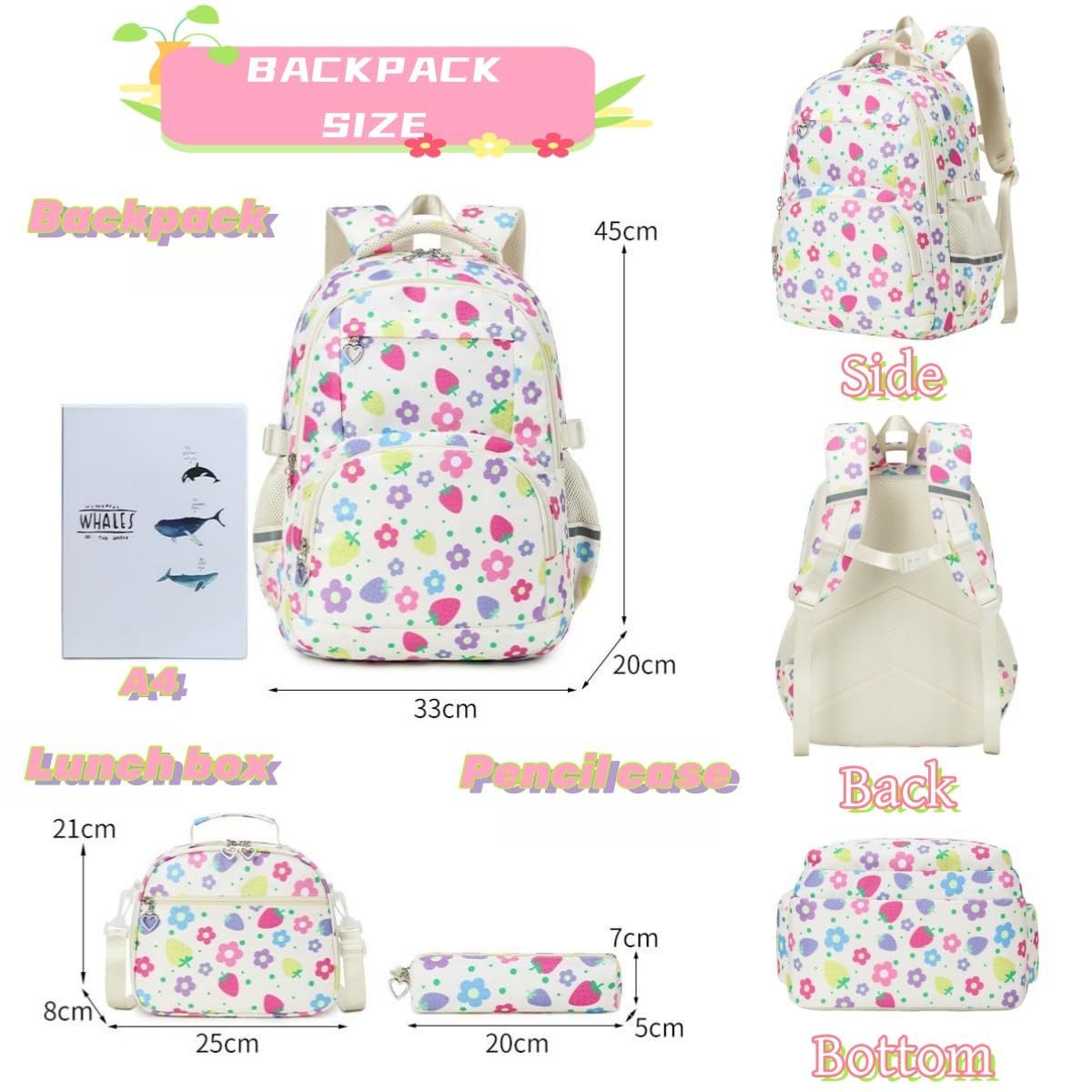 MOPUEA Schulrucksack Schulrucksack Set 3 tlg Leicht Atmungsaktiv mit Federmappe&Lunchtasche