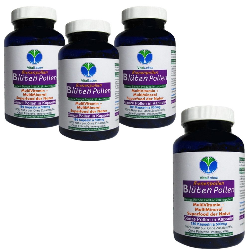 VitalLeben Bienenpollen ganze Blütenpollen (Bee Pollen) ohne Zusatzstoffe Kapseln, 4 er Dose à 180 St., 360 g, Art. 26925-720