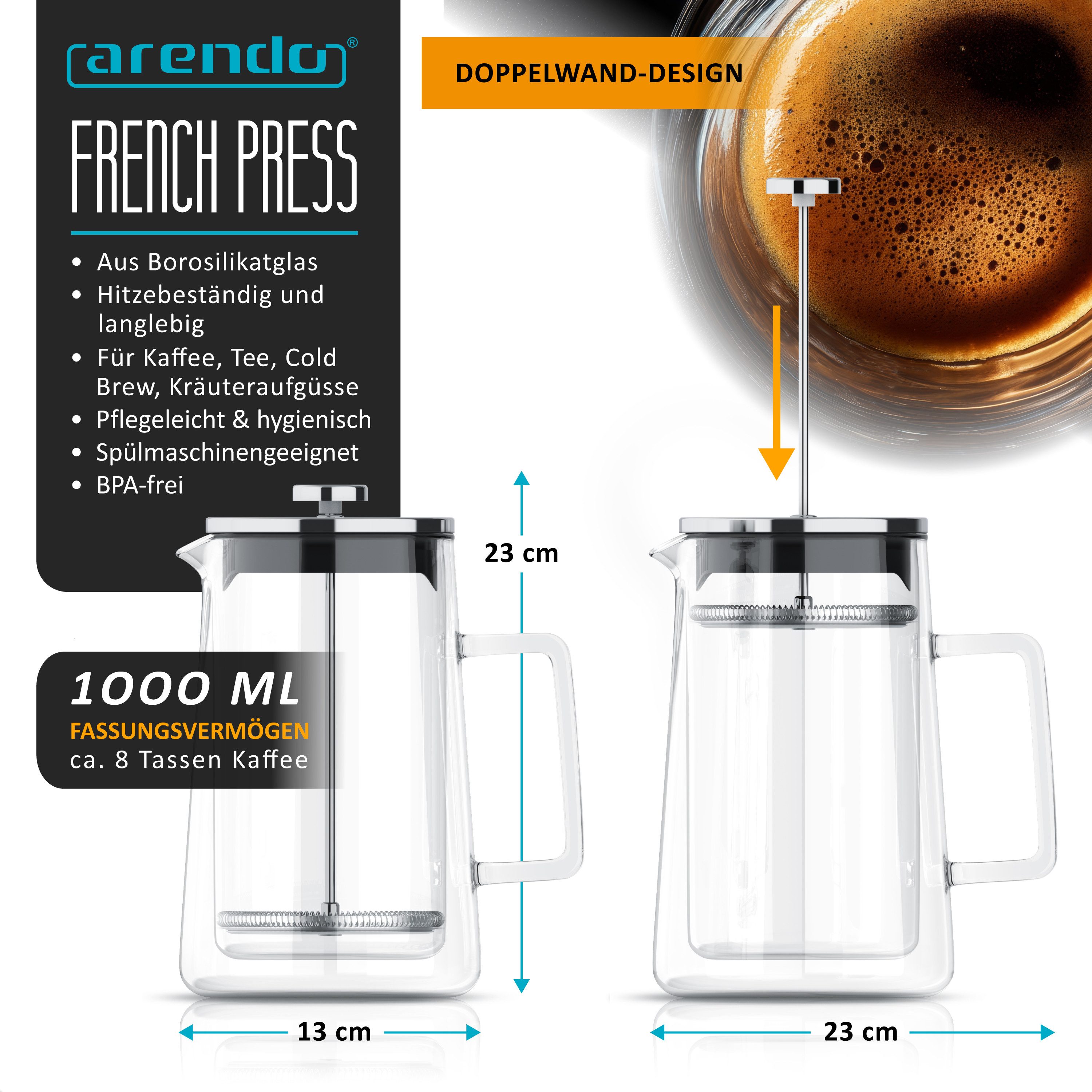 Arendo French Press Kanne 307877 Kaffeebereiter für Tee & Cold Brew, 1l Kaffeekanne, Edelstahlfilter, Doppelwand-Glas, hitzebeständig, spülmaschinenfest, BPA-frei