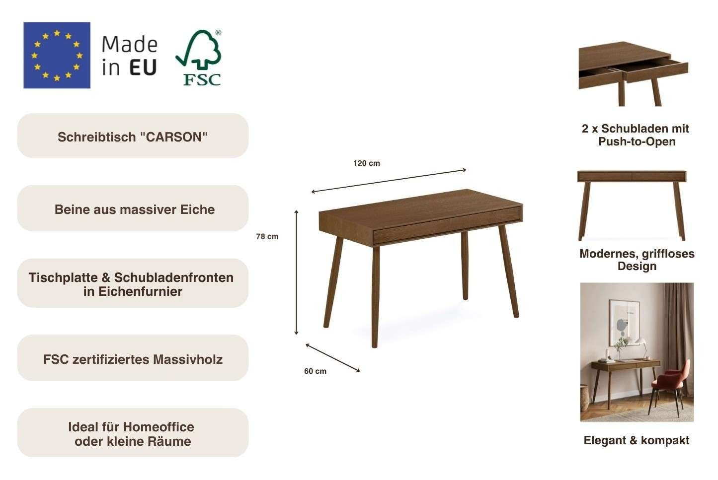 Woodman Schreibtisch Carson (120/60/78), Breite 120 cm, Schubladen mit Push-to Open, FSC®