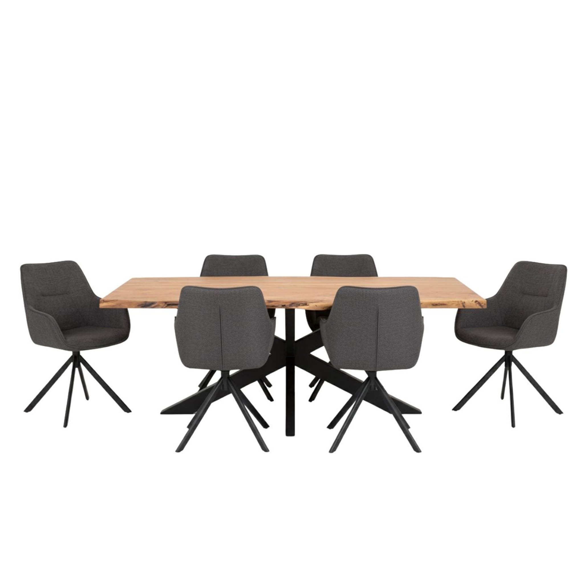 bene living Esszimmer-Set Baumkantentisch Catania und 6er Set Diningsessel San Carlo dunkelgrau, (Indoor-Möbelset, 7-St), Akazienholz-Tischplatte - drehbare Diningsessel