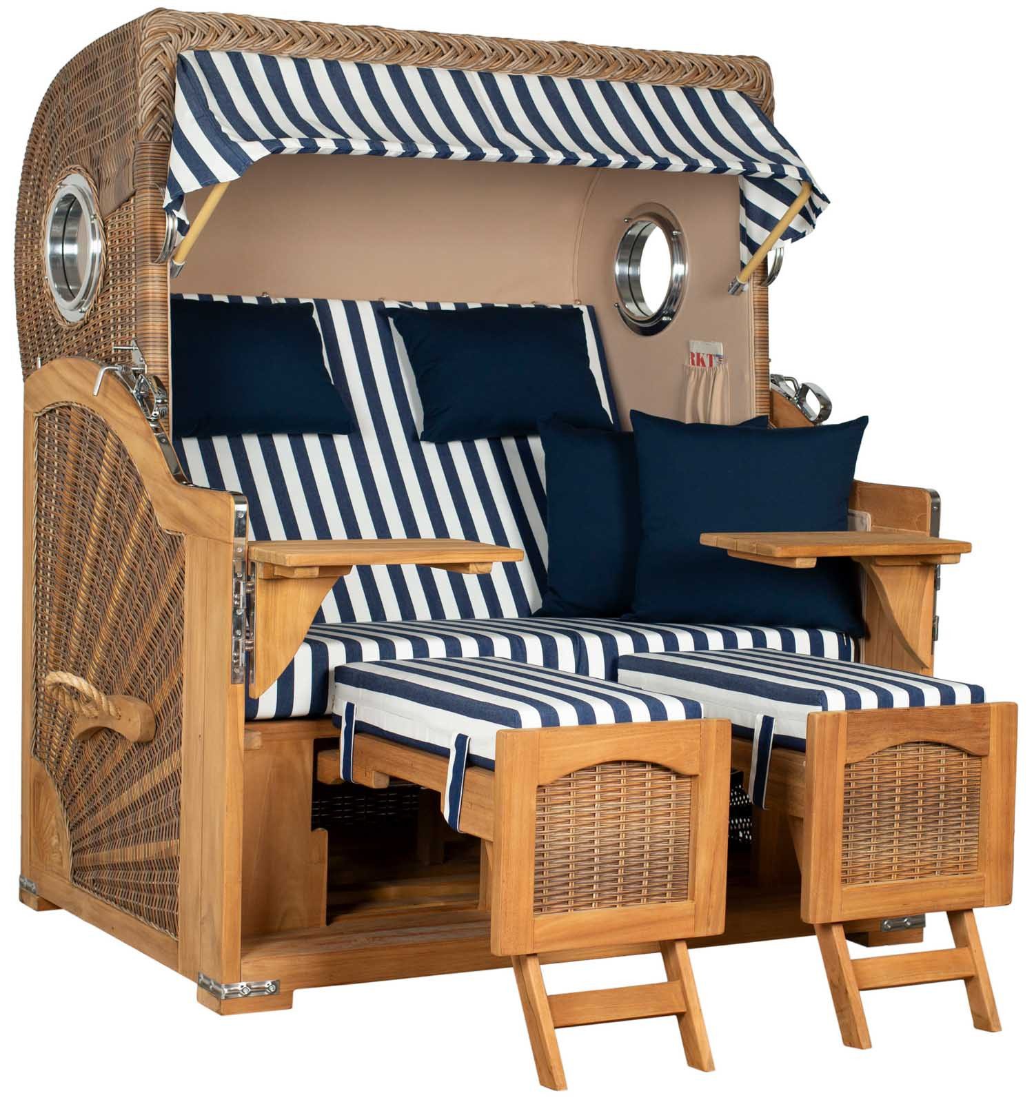 MR.DEKO Strandkorb 2 Sitzer Düne Grande Banana Teak PE Geflecht mit Bullaugen, BxTxH: 142x95x170 cm, Volllieger, Düne Grande Banana, (2,5 Sitzer XXL Strandkorb für den Garten, 1-tlg), Применить montiert geliefert, Volllieger, inkl. Liftersystem & Zubehör