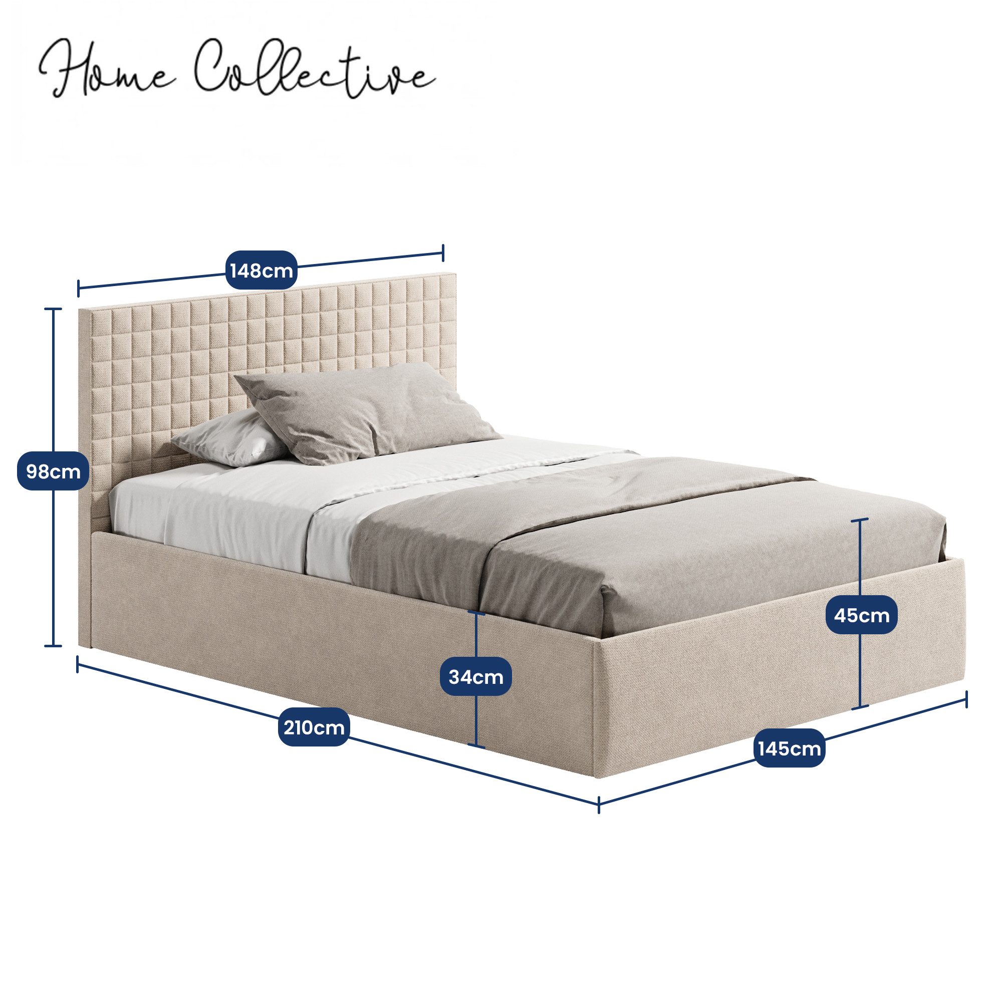 Home Collective Polsterbett Doppelbett Bett mit Stauraum, verstellbarem Lattenrost, viele Größen (Größen: 140x200 160x200 180x200 200x200, hochwertiger VARDO-Stoff, made in Germany), wählbar ohne Matratze, mit Federkern oder Kaltschaum, Beige