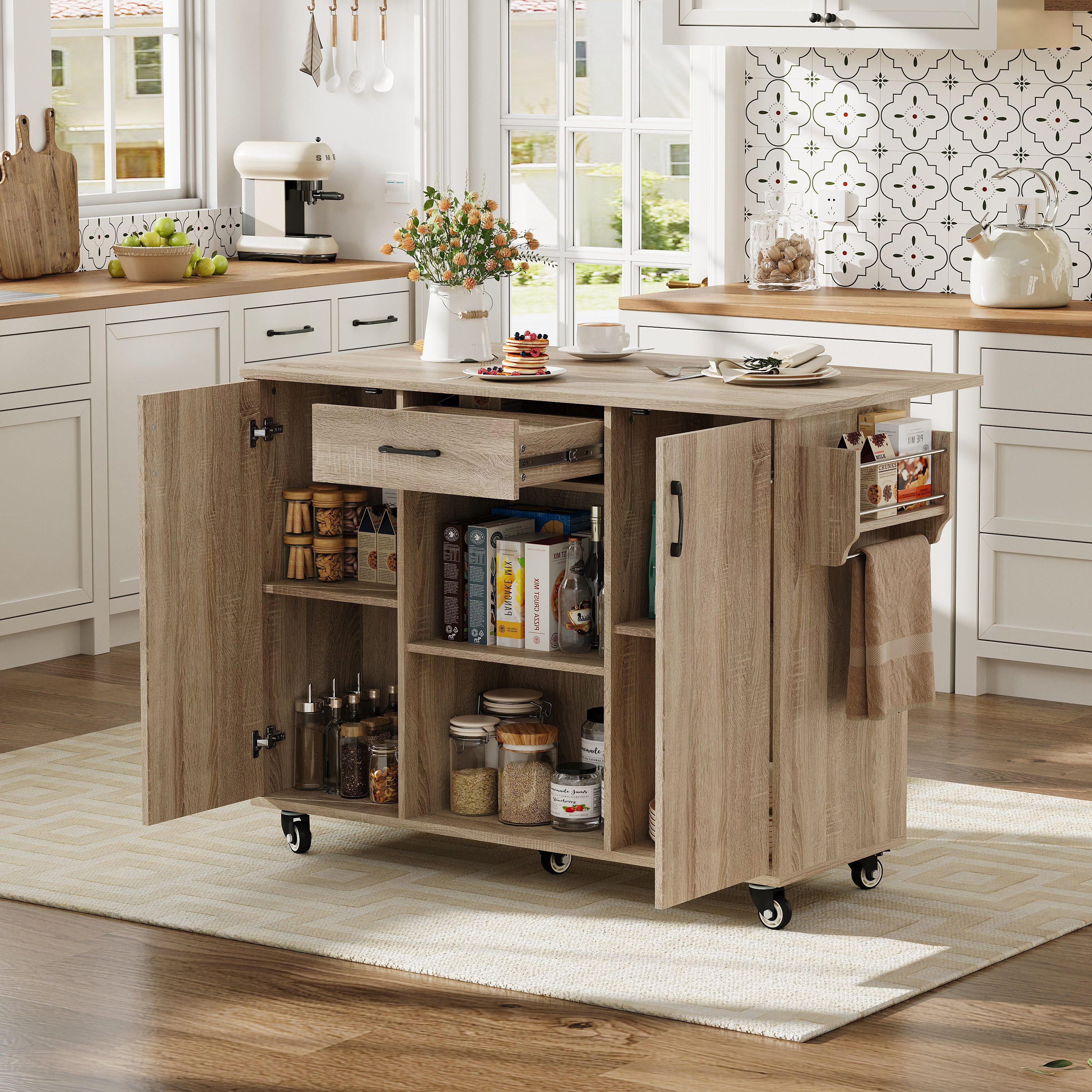 Odikalo Kücheninsel 120cm mobile Kücheninsel mit klappbarer Arbeitsplatte, (Rollbarer Servierwagen mit Schublade & Schrank)