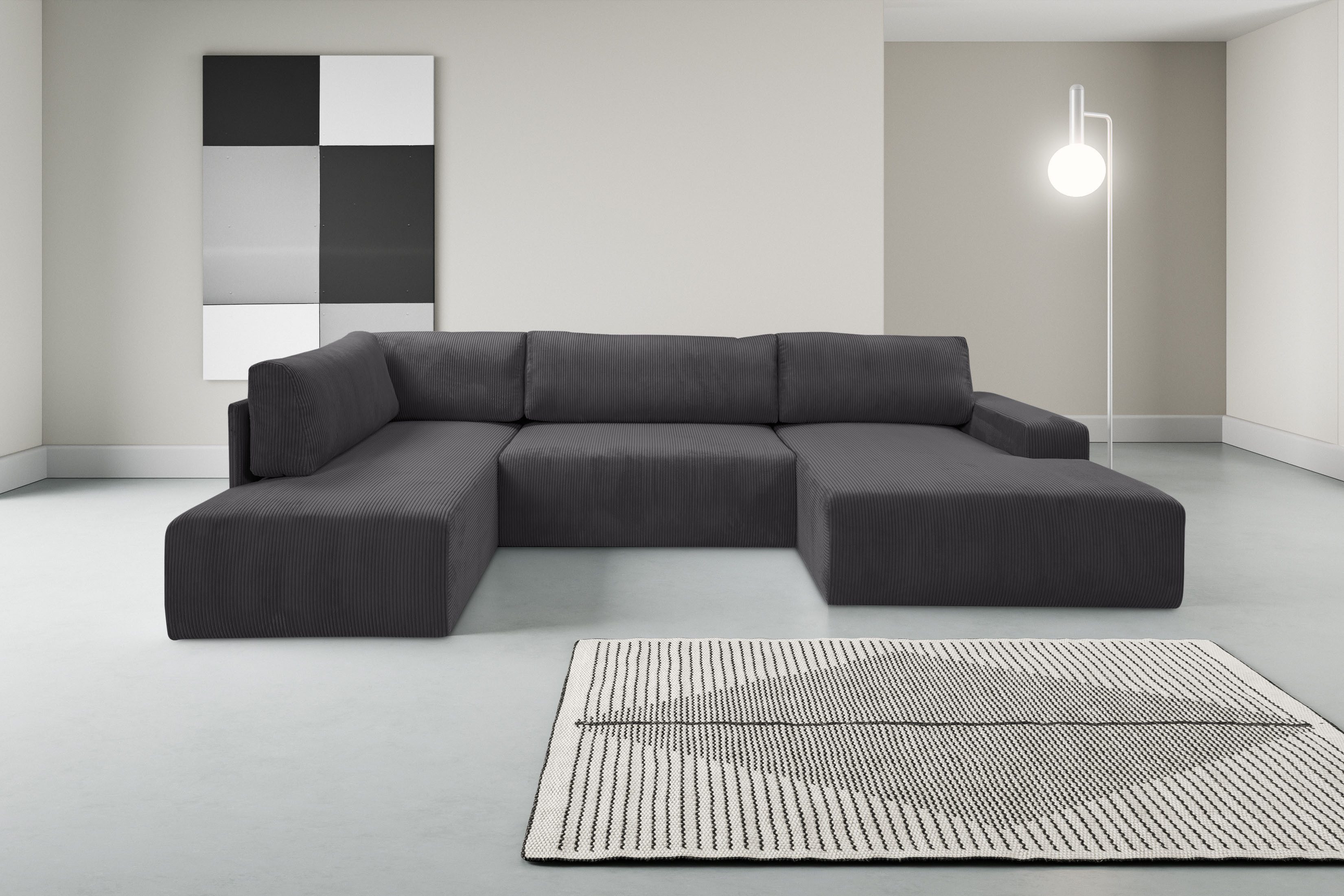 WERK2 Wohnlandschaft Rotterdam 325 x 190 cm mit Bett und Bettkasten, bequem, viel Platz, Cord, U-Form, XXL, Schlaffunktion, Bettkasten