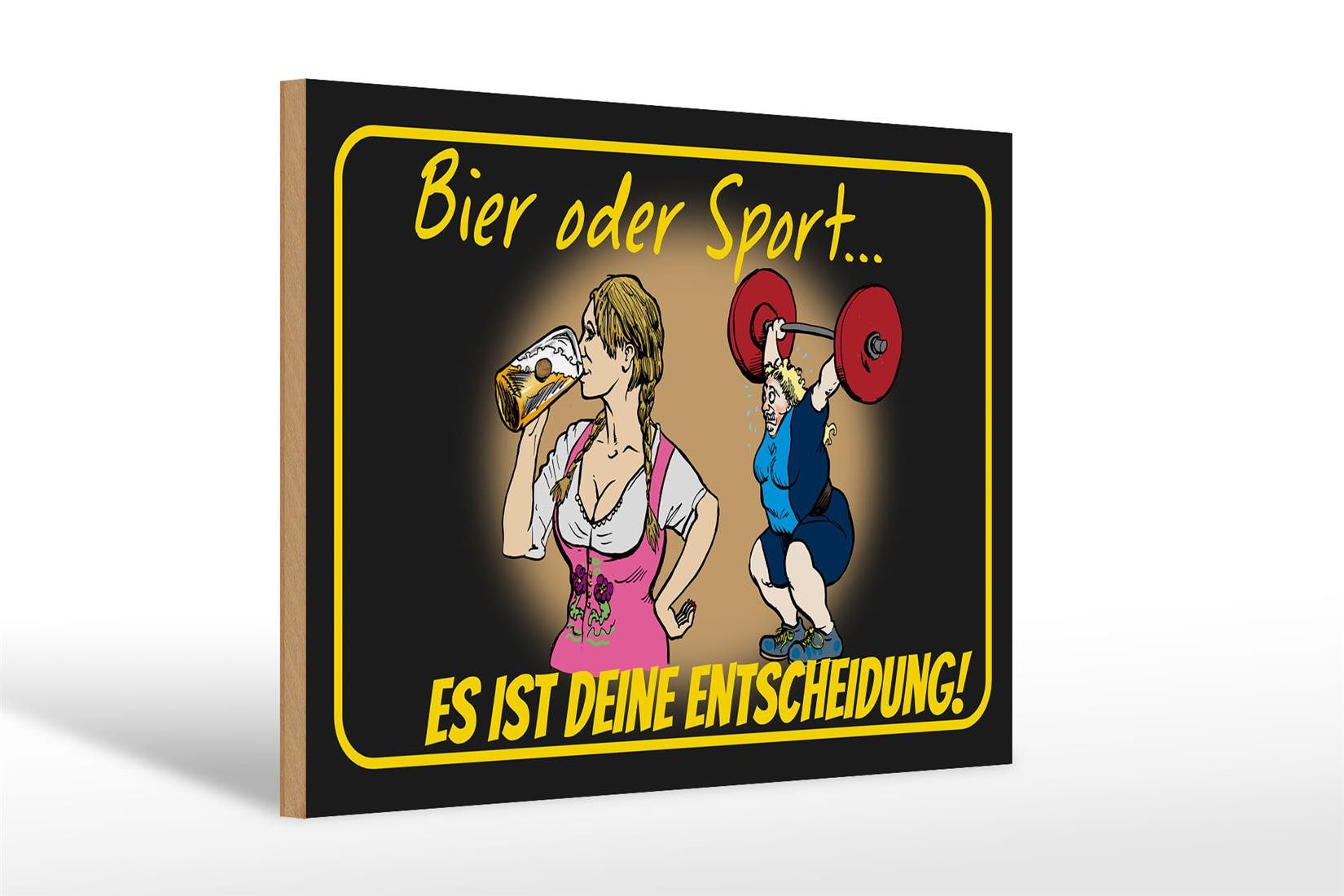 Holzbild Pinup 30x20cm Bier oder Sport Entscheidung
