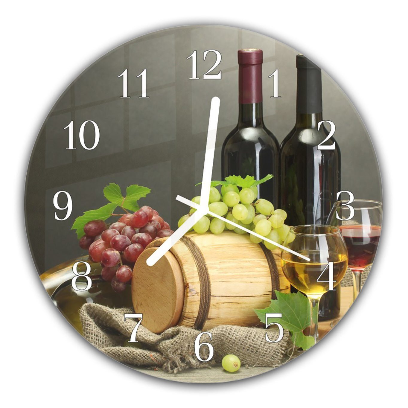 Primedeco Wanduhr Wanduhr aus Glas mit Motiv Wein, Käse und Trauben - Rund mit Durchmesser 30 cm und Quarzuhrwerk