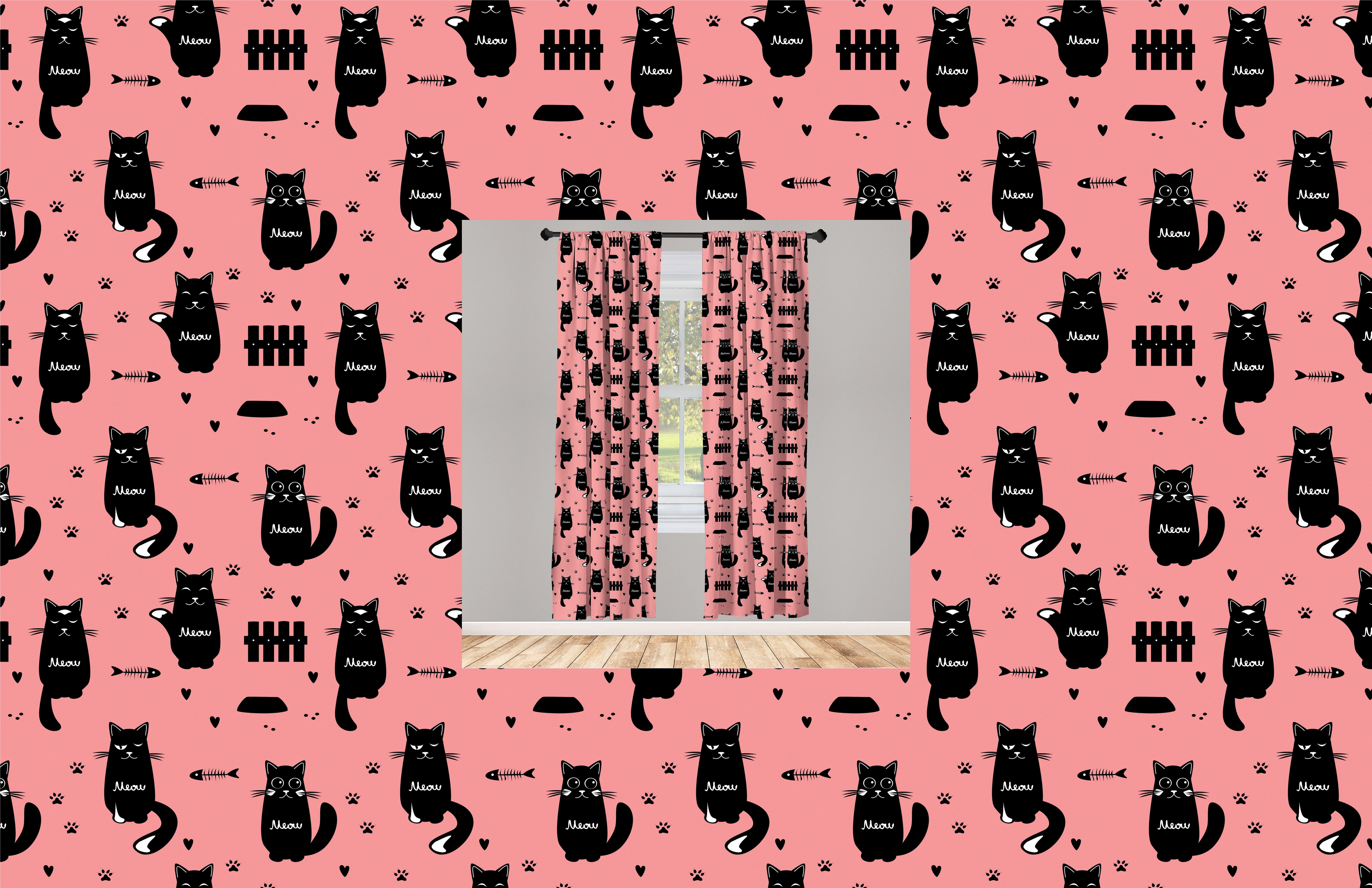 Gardine Vorhang für Wohnzimmer Schlafzimmer Dekor, Abakuhaus, Microfaser, Katze Kitten Silhouette Fisch Paws