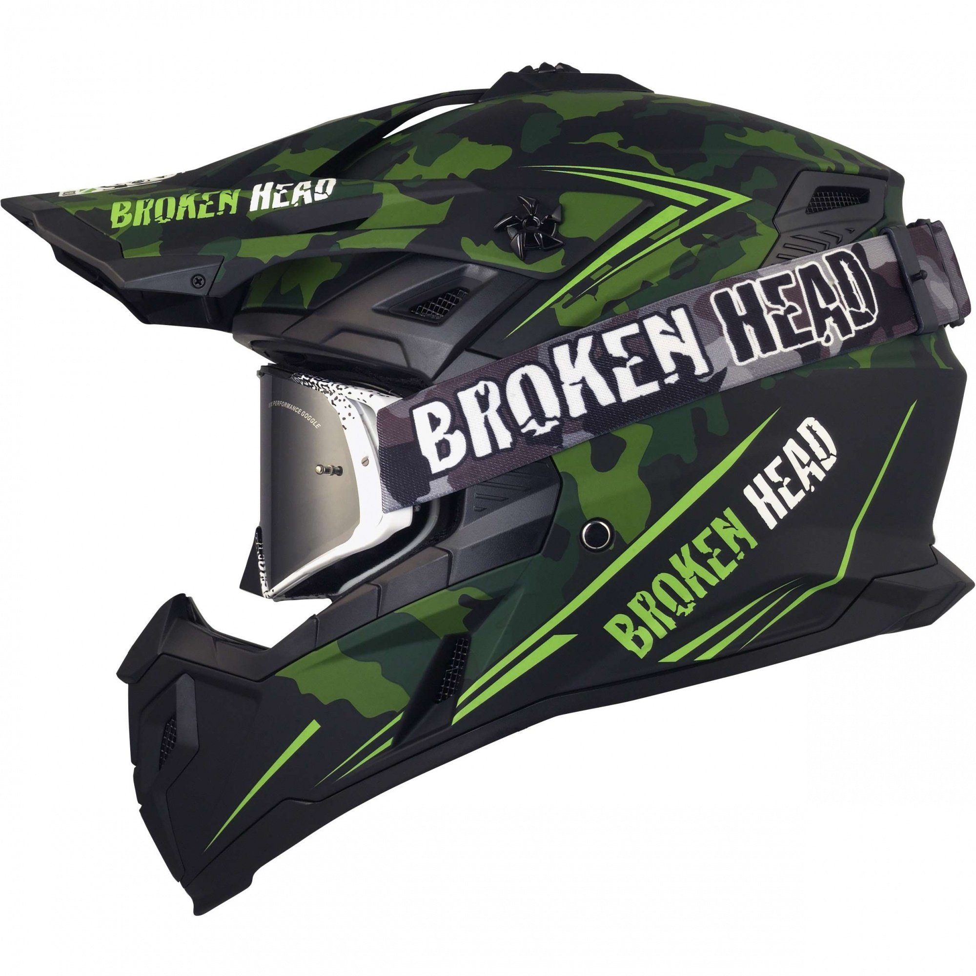 Broken Head Motocrosshelm Squadron Rebelution Grün + MX-Brille Schwarz (Mit schwarzer MX-Brille), Mit zwei Verschlüssen!