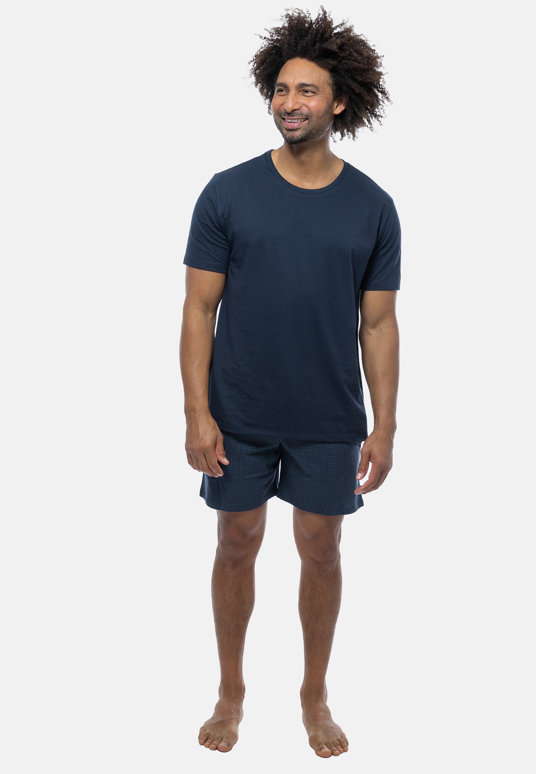 2 - Pyjama Blau (Set, Rundhals-Ausschnitt gemustert Kurzarm-Shirt Schlafanzug mit - Baumwolle Schiesser Mix tlg)