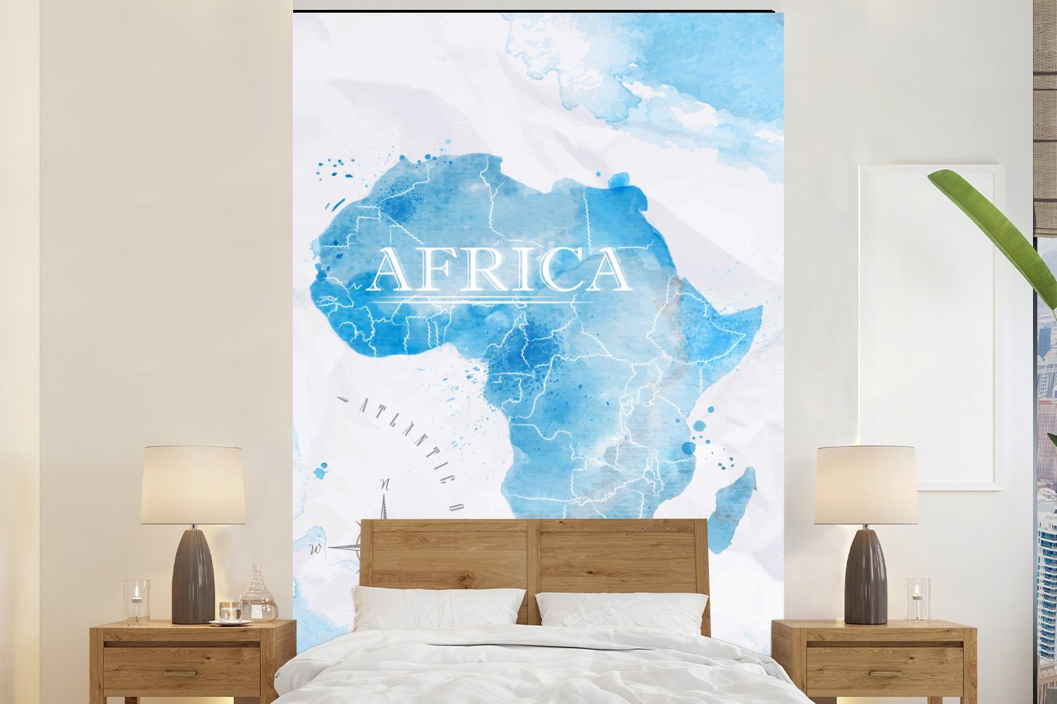 Karten bedruckt, - Wohnzimmer, Afrika Fototapete Vinyl MuchoWow Matt, Aquarell, (3 St), Tapete Wandtapete für - Montagefertig
