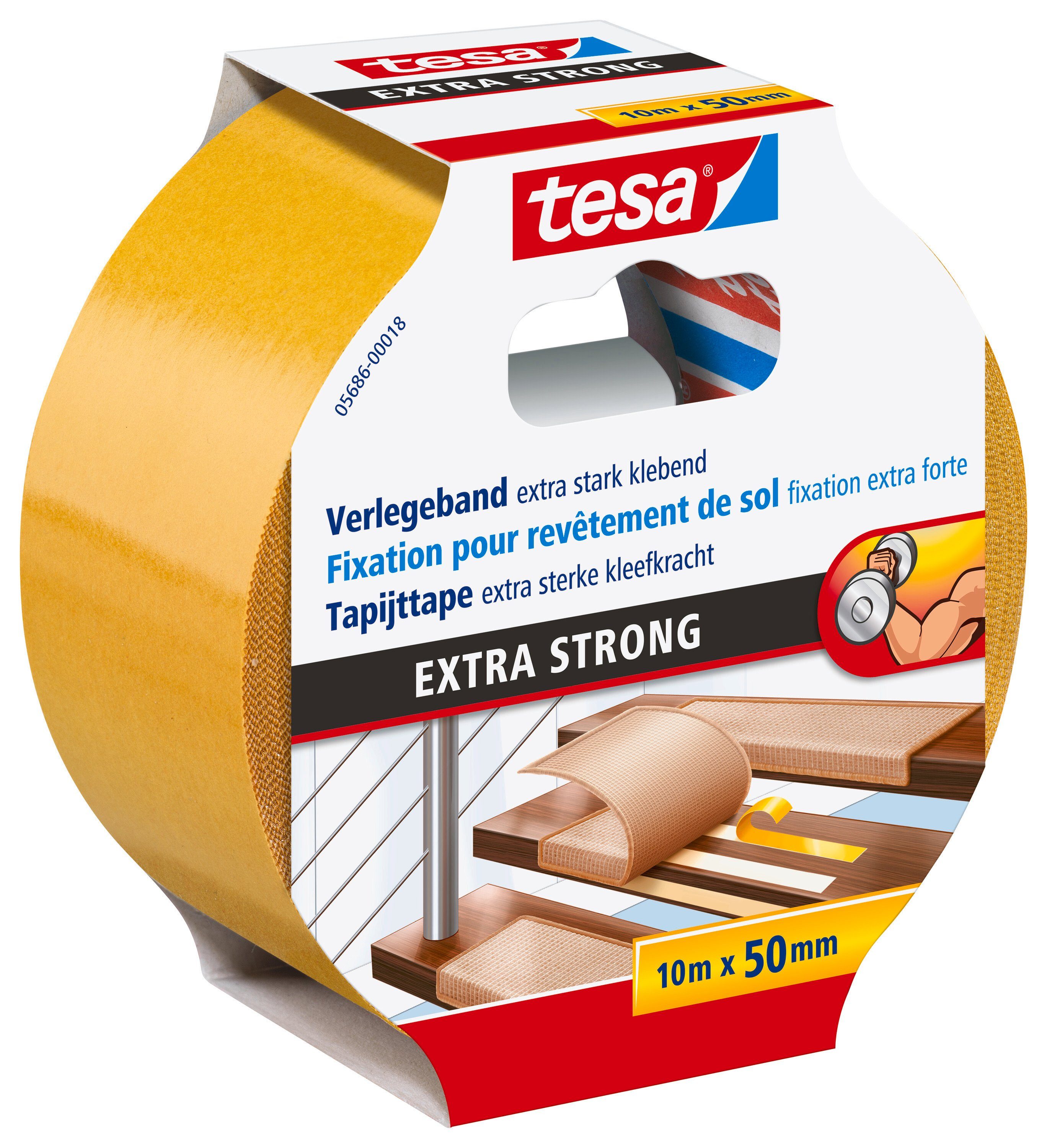 tesa Doppelklebeband EXTRA STRONG Verlegeband (Packung, 1-St) doppelseitiges Gewebeklebeband - zum Verlegen von Teppich & PVC-Boden