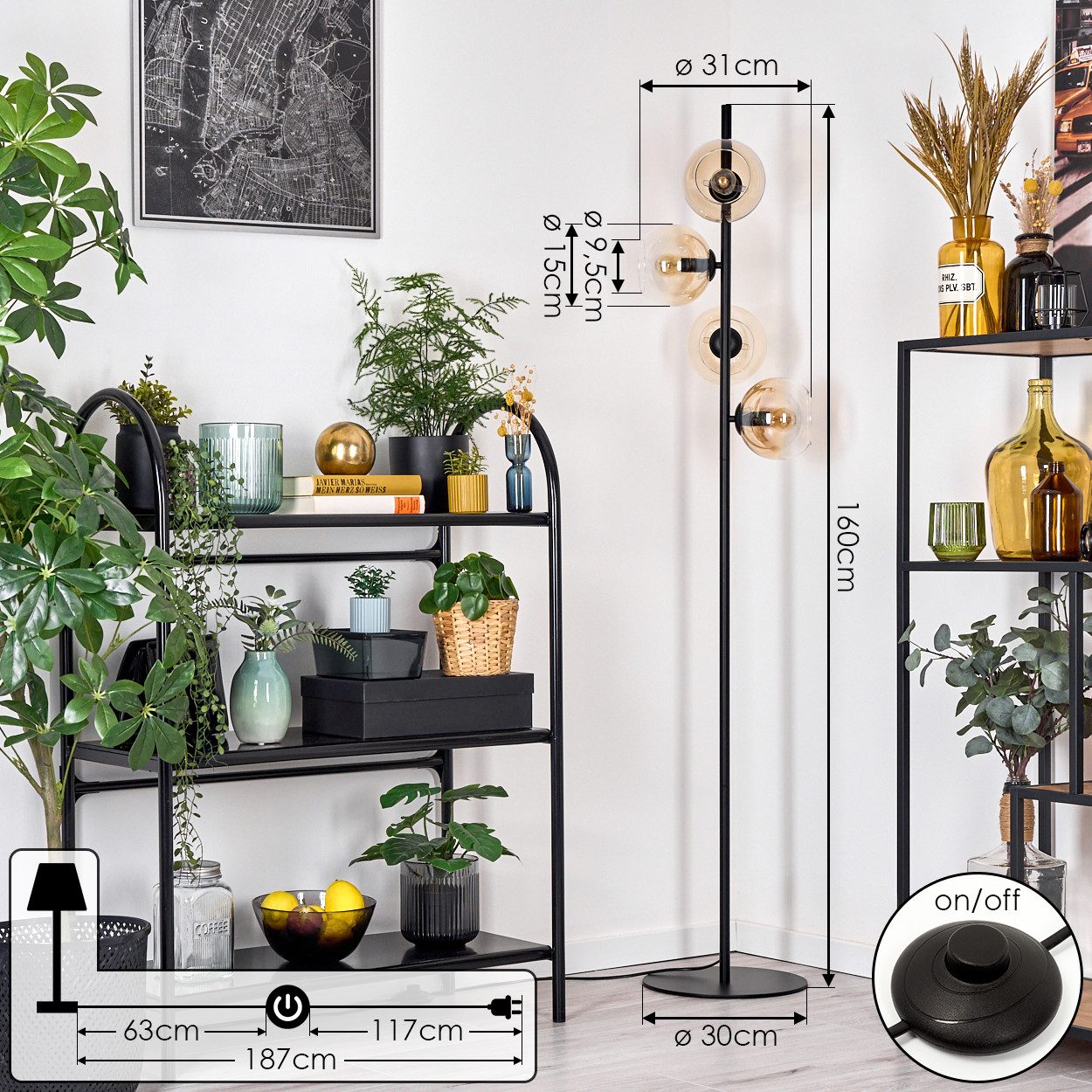 hofstein Stehlampe Stehlampe aus Metall/Glas in Schwarz/Bernstein/Klar, Retro-Design, ohne Leuchtmittel, moderne Stehleuchte, Ø Schirme 15 cm, Fußschalter, 160 cm, E14