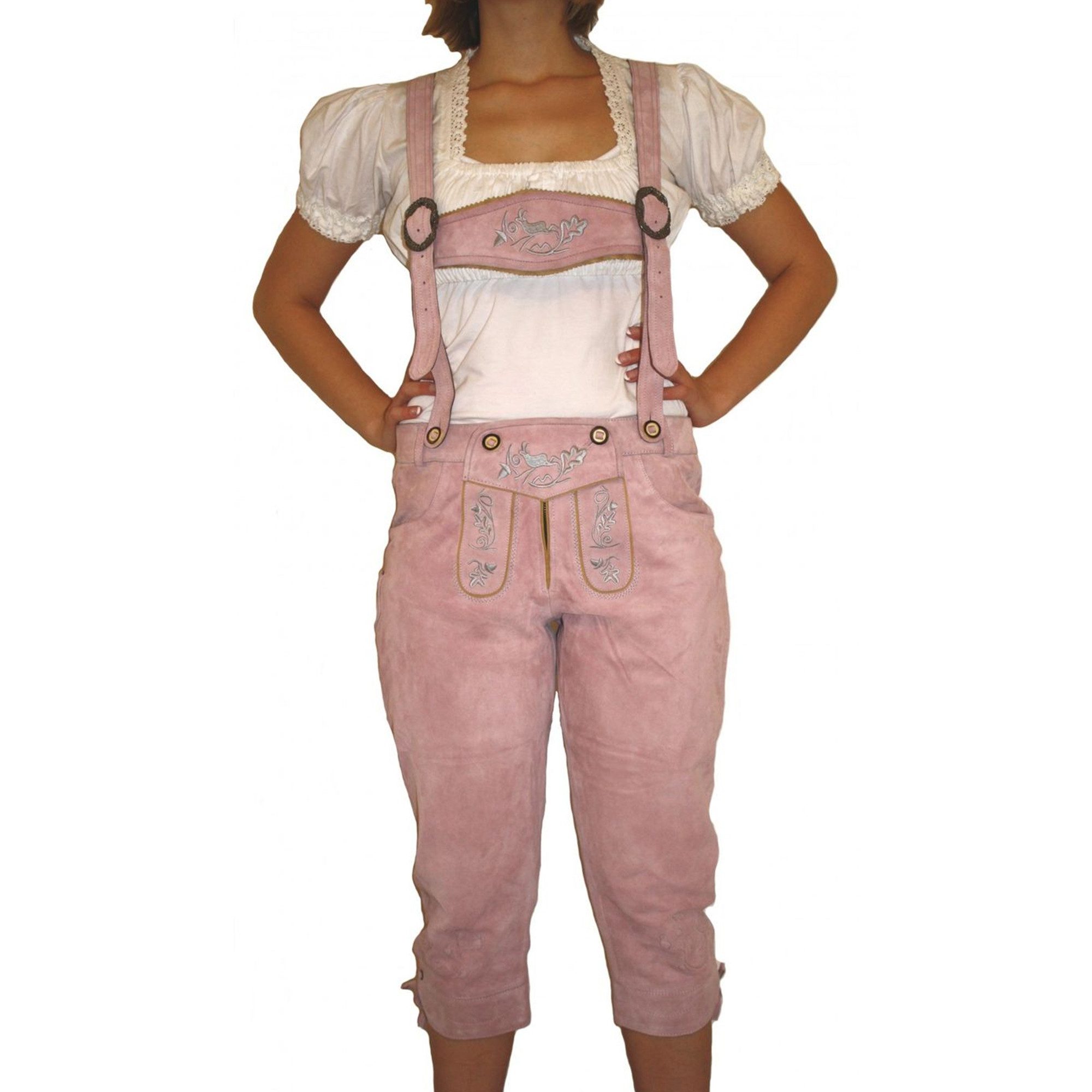 German Wear Trachtenlederhose GW1400 Damen Lederhose Trachtenhose Ziegenleder Kniebundhose mit Hosenträgern