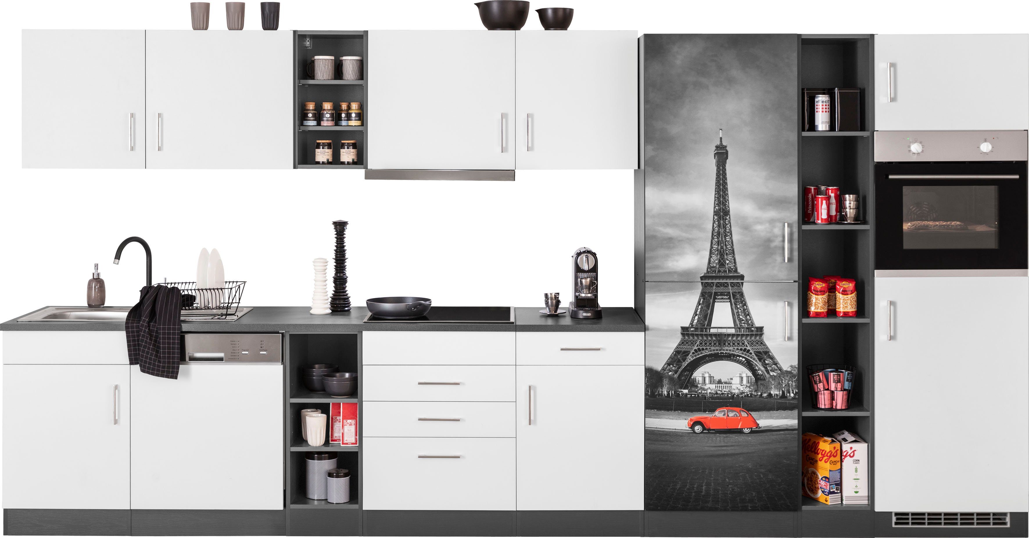 HELD MÖBEL Küchenzeile Paris, mit E-Geräten, Breite 400 cm, Bietet  hochwertige Motive im Digitaldruck