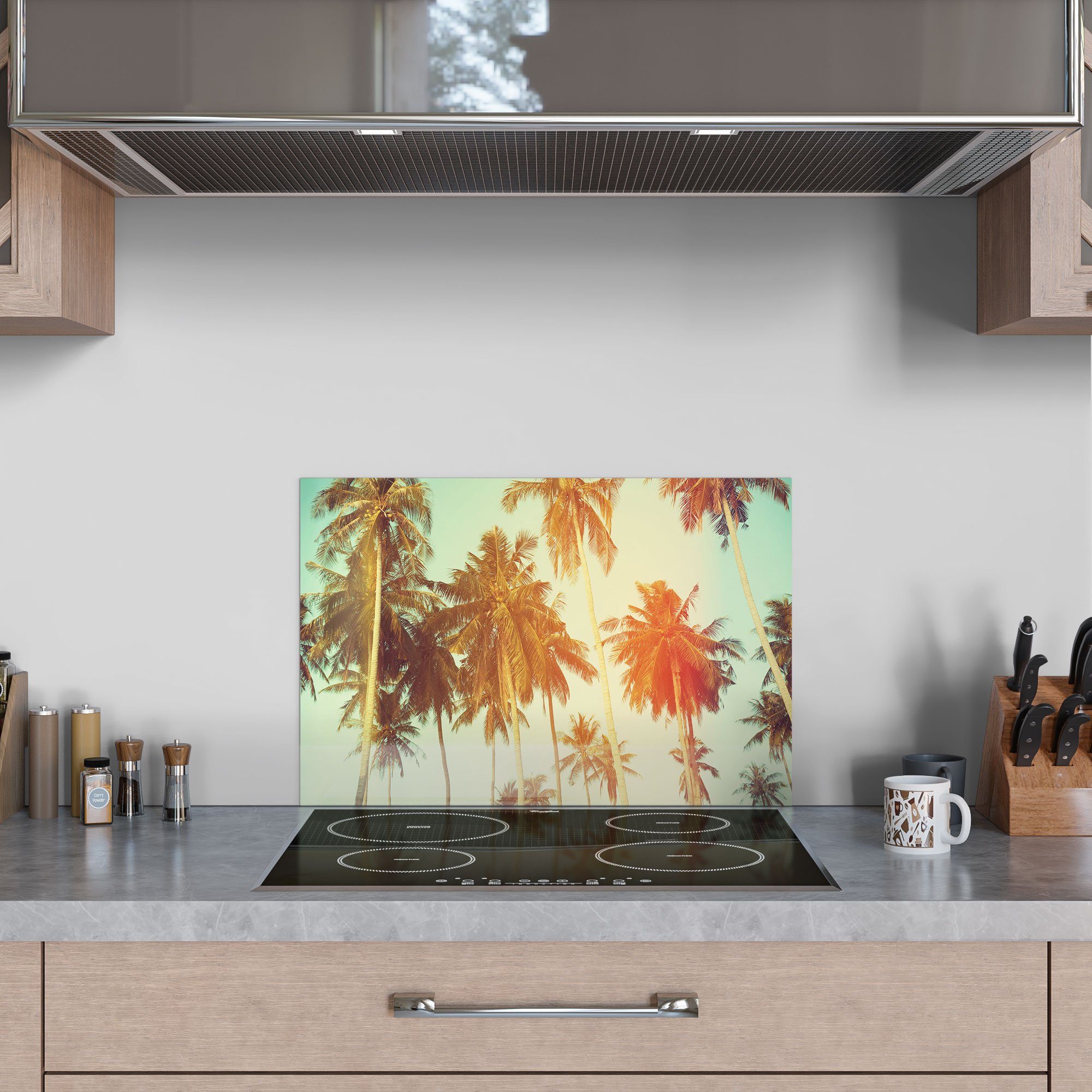 DEQORI Küchenrückwand Herdblende mit Badrückwand Spritzschutz Farbfilter', 'Palmen Glas