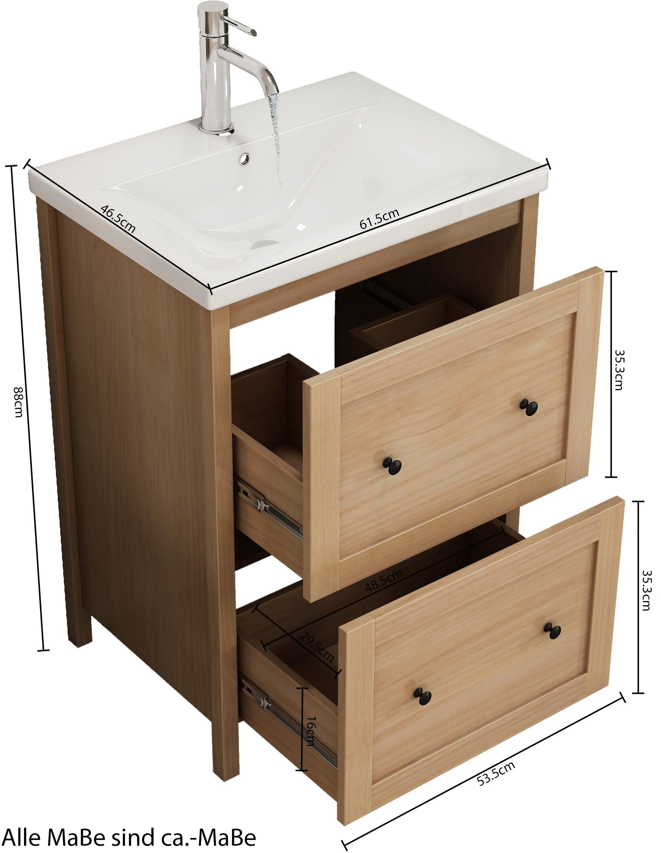 welltime Stockholm vanity unit (complete set), washbasin area with 2 drawers and soft-close mechanism, width 60cm