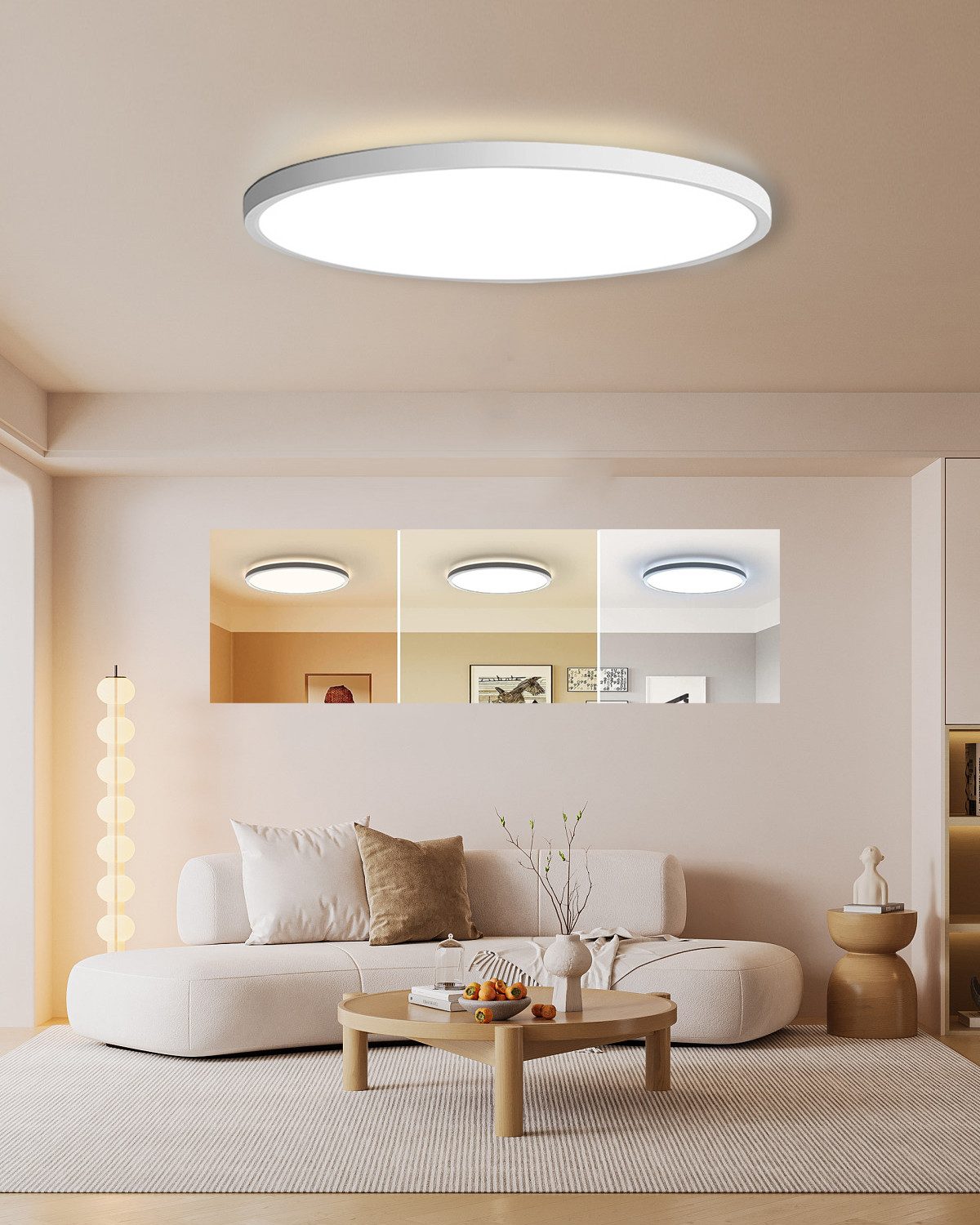 Fyrove Deckenleuchten LED Deckenleuchte Ø37 cm rund, flache Deckenlampe dimmbar, LED fest integriert, mit 3 Lichtfarben 3000K-6000K, weiß, für Wohnzimmer Küche Flur Schlafzimmer