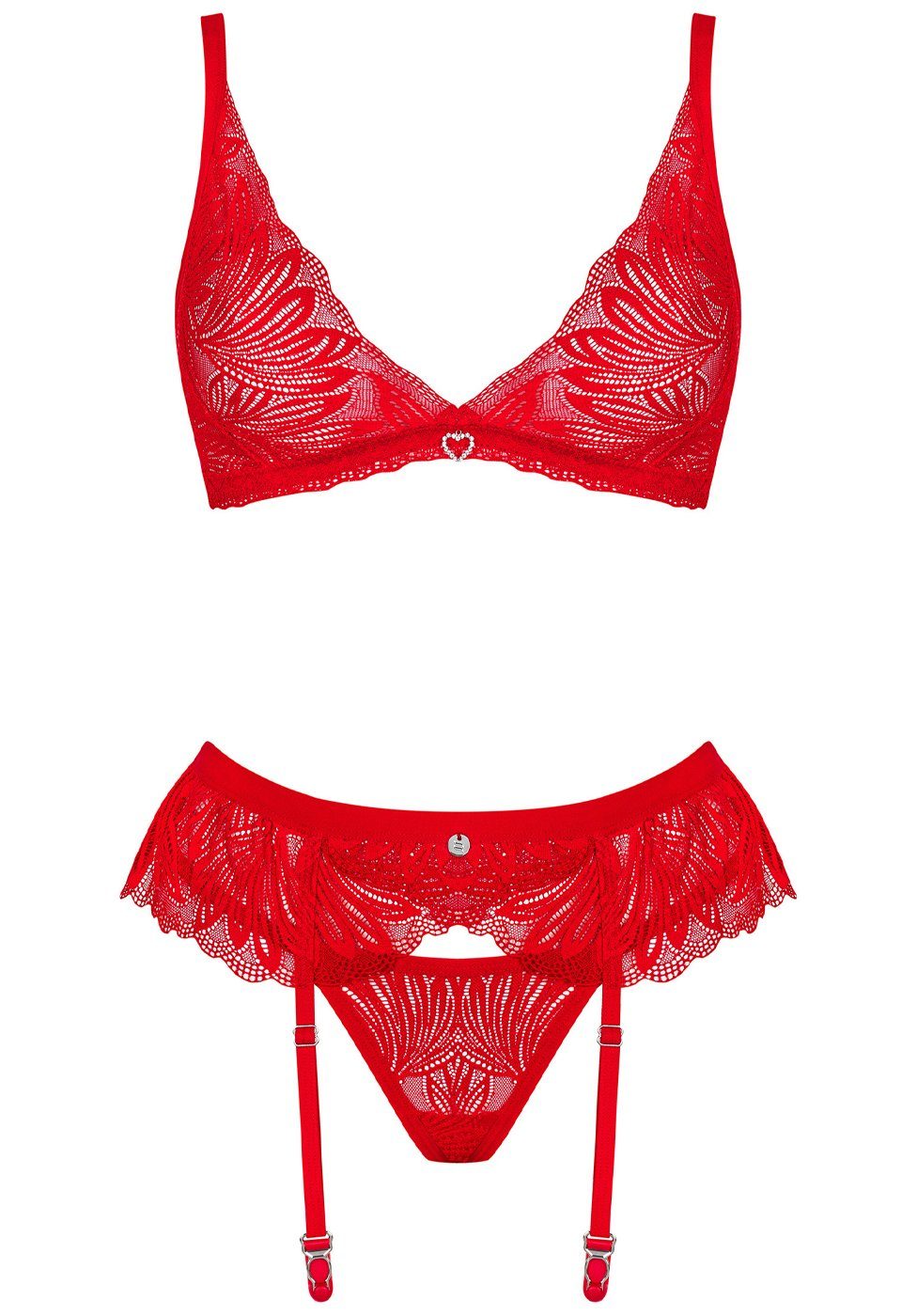 Obsessive Set: Bügelloser BH 3 tlg. Dessous Set: BH, Strumpfhalter und String Spitze - rot (3-tlg) aus zarter Spitze