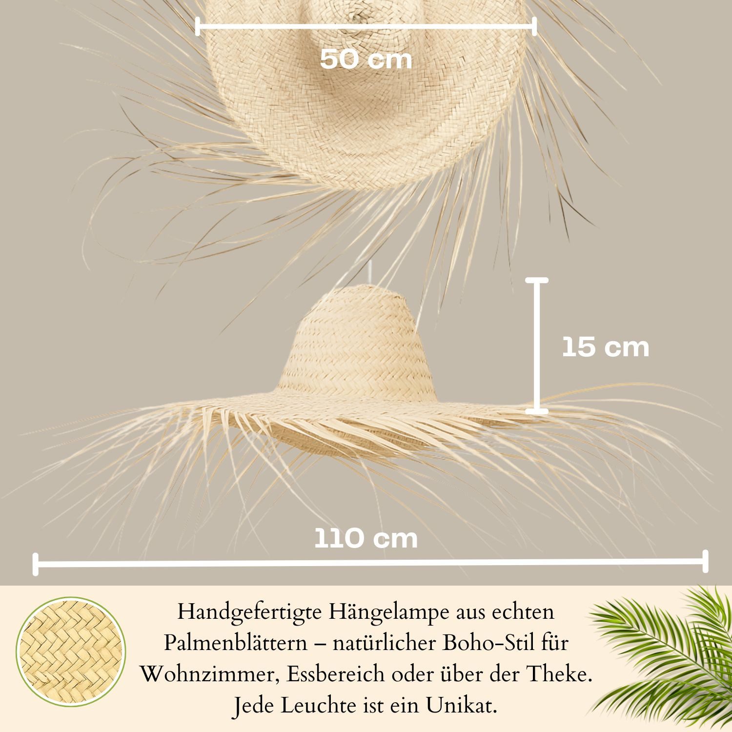 Marrakesch Orient & Mediterran Interior Pendelleuchte Boho Pendelleuchte Toluca handgefertigt aus Palmenblatt in Natur 50 cm, Handarbeit