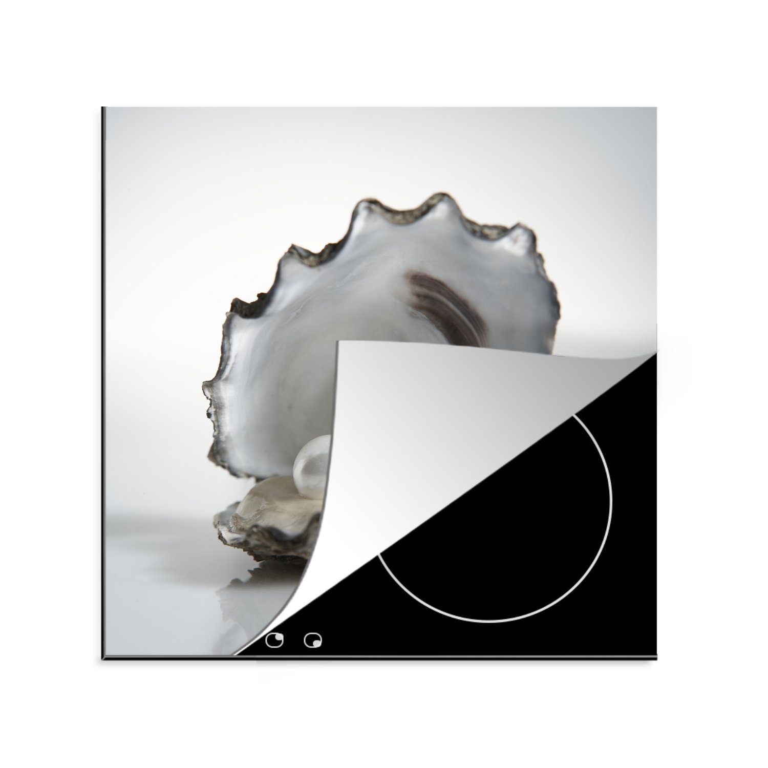 Auster einer in Arbeitsplatte cm, Herdblende-/Abdeckplatte Hintergrund, MuchoWow für 78x78 küche Perle Ceranfeldabdeckung, (1 tlg), weißem auf Vinyl,