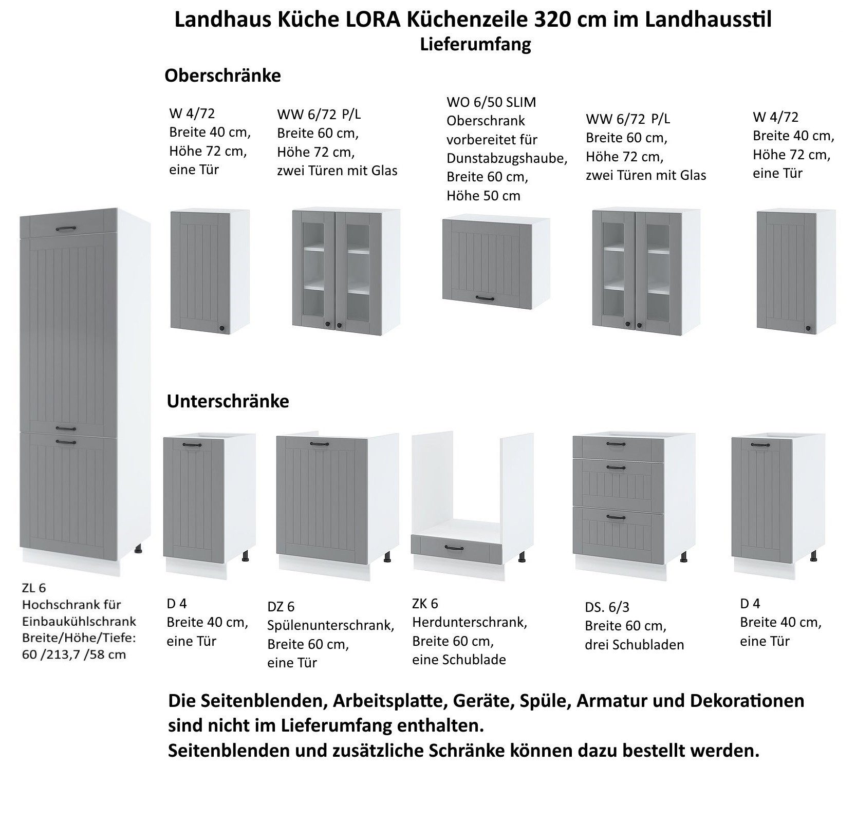 Möbel für Dich Küchenzeile Landhausküche LORA Einbauküche 320 cm, 11-teilig, mit Fronten in wahlweise weiß, beige oder grau