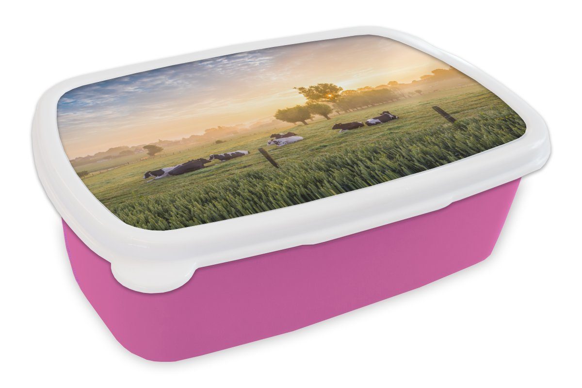 MuchoWow Lunchbox Kuh - Sonne - Gras, Kunststoff, (2-tlg), Brotbox für Erwachsene, Brotdose Kinder, Snackbox, Mädchen, Kunststoff rosa