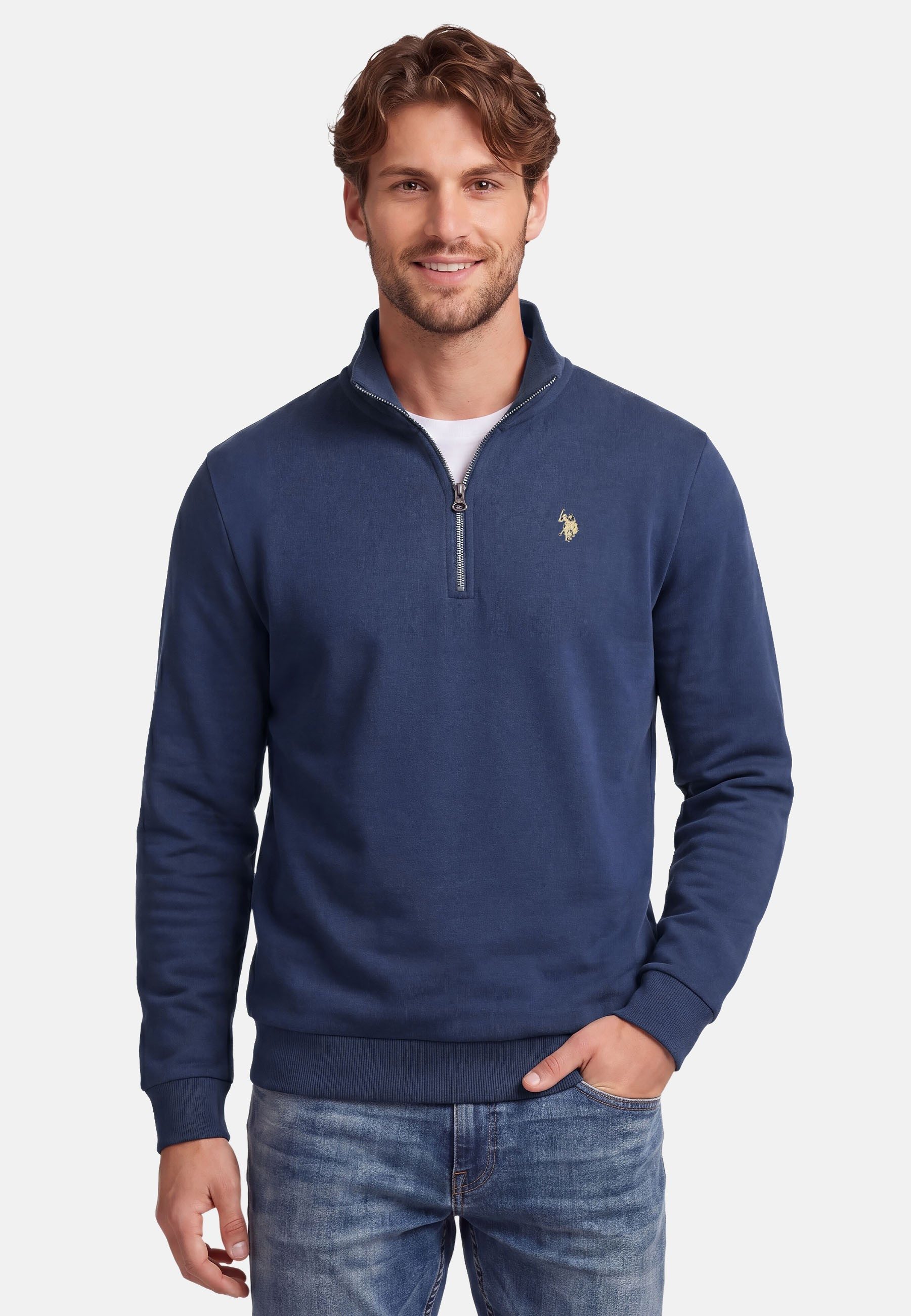 U.S. Polo Assn. Stehkragenpullover USNiico – Herren Half-Zip Pullover mit Logo-Stickerei Weiche Baumwollmischung, sportlich-elegantes Design und hoher Komfort