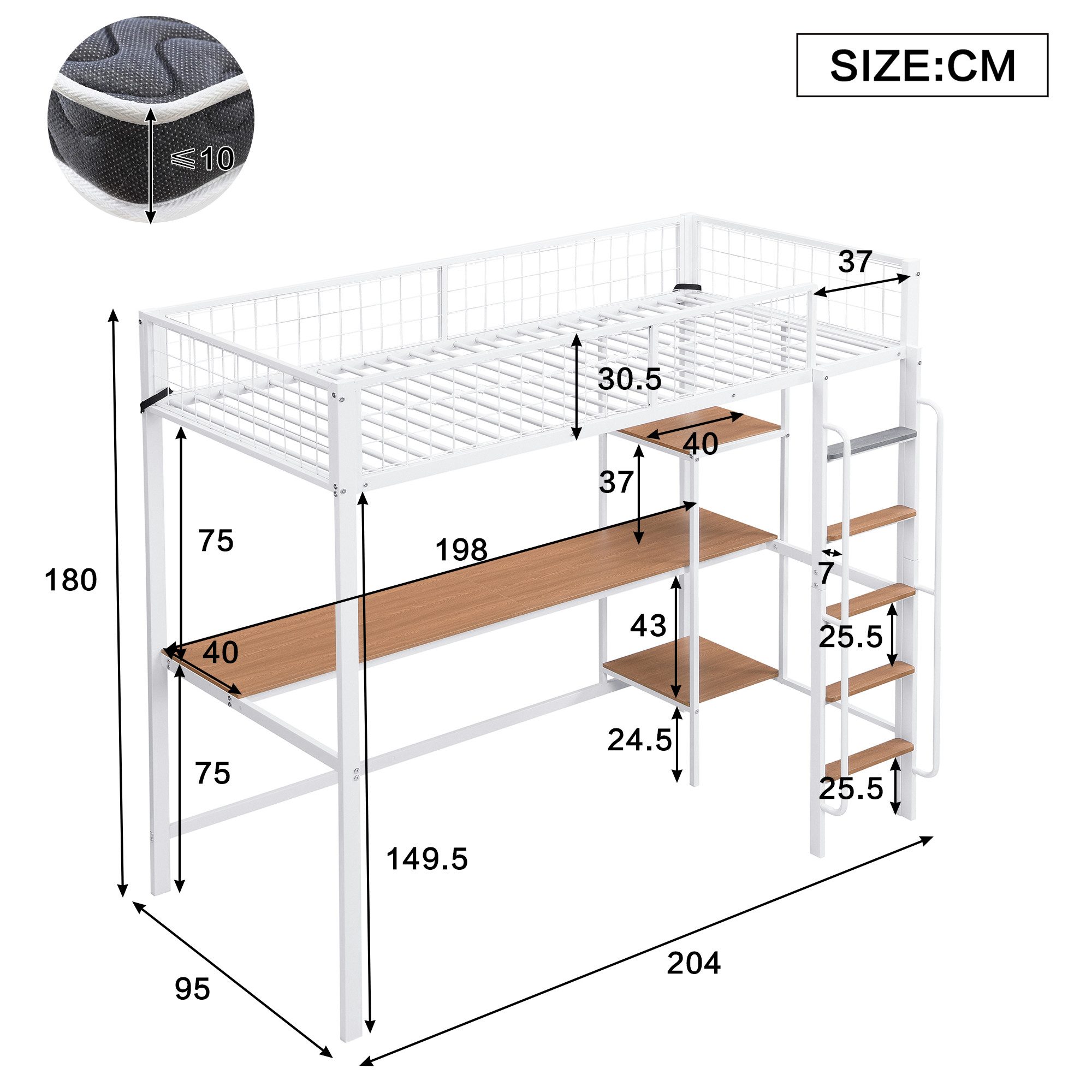 Flieks Hochbett Metallbett Kinderbett 90x200cm mit Tisch, Regal und 5-stufi günstig online kaufen