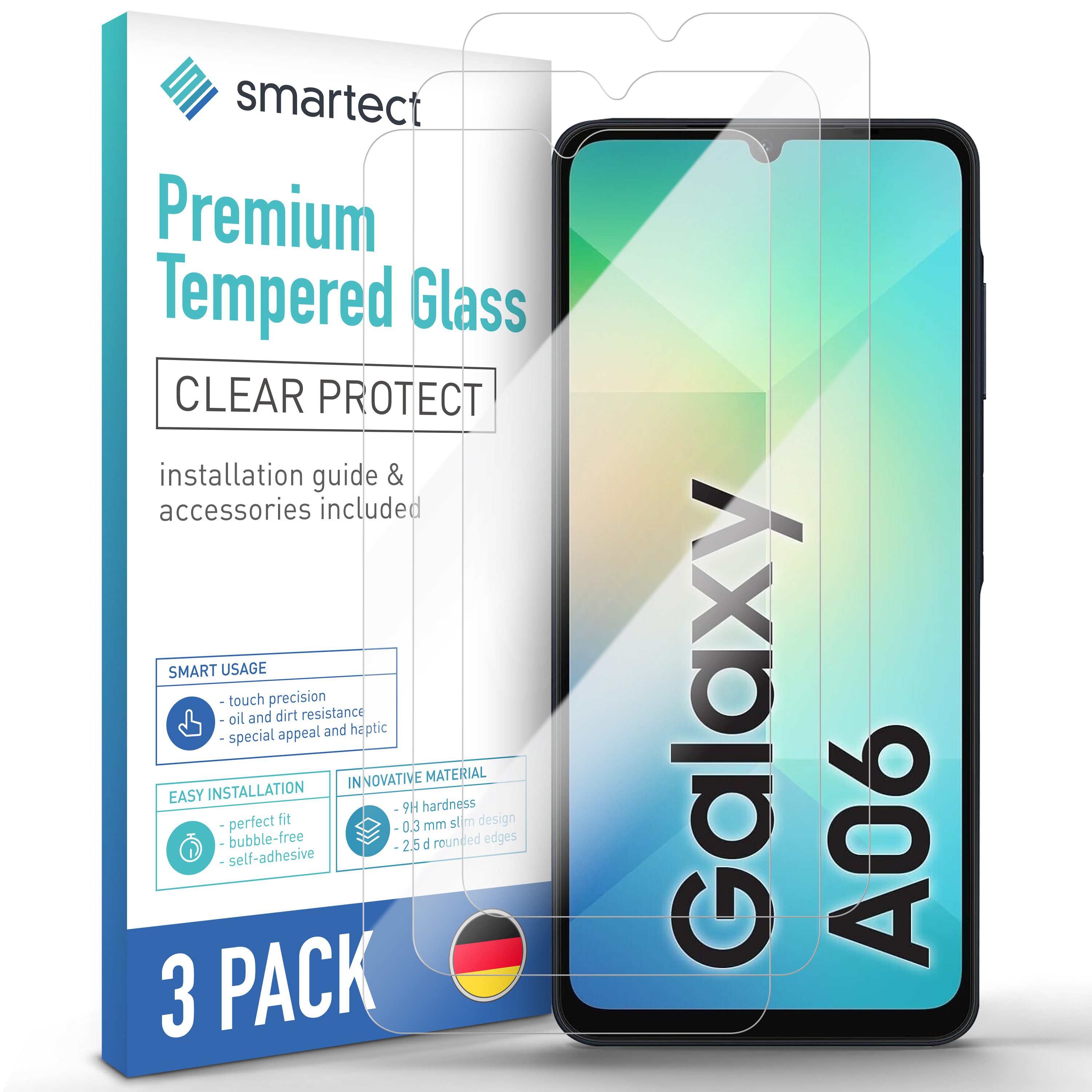 smartect Displayschutzglas Schutzglas Panzerfolie Klar für Samsung Galaxy A06, Set, 3 Stück, Schutzfolie Glasschutz Bildschirm