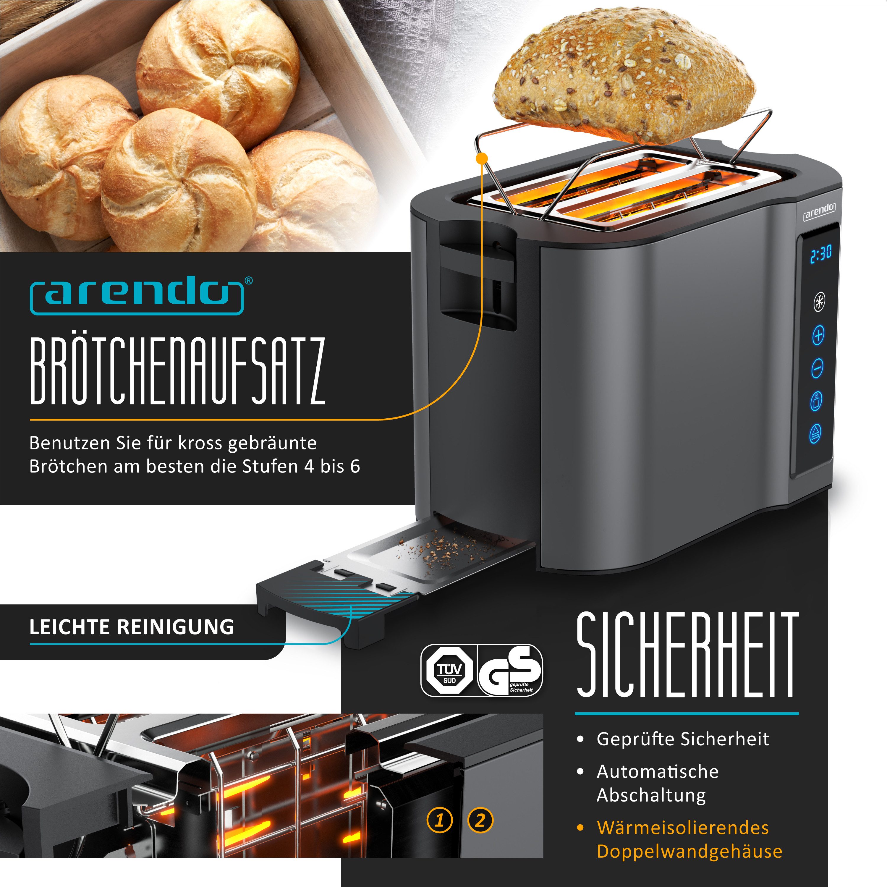 Arendo Frühstücks-Set Edelstahl Wasserkocher 1,5l, 2-Scheiben Kurzschlitz Toaster, Cool Grey (2-tlg), Wasserkocher mit Temperatureinstellung, Toaster Brötchenau – Bild 4 von 5
