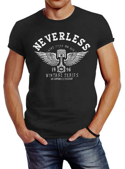 Neverless Print-Shirt Herren T-Shirt Biker Motorrad Motorblock Engine Flügel Wings Slim Fit mit Print