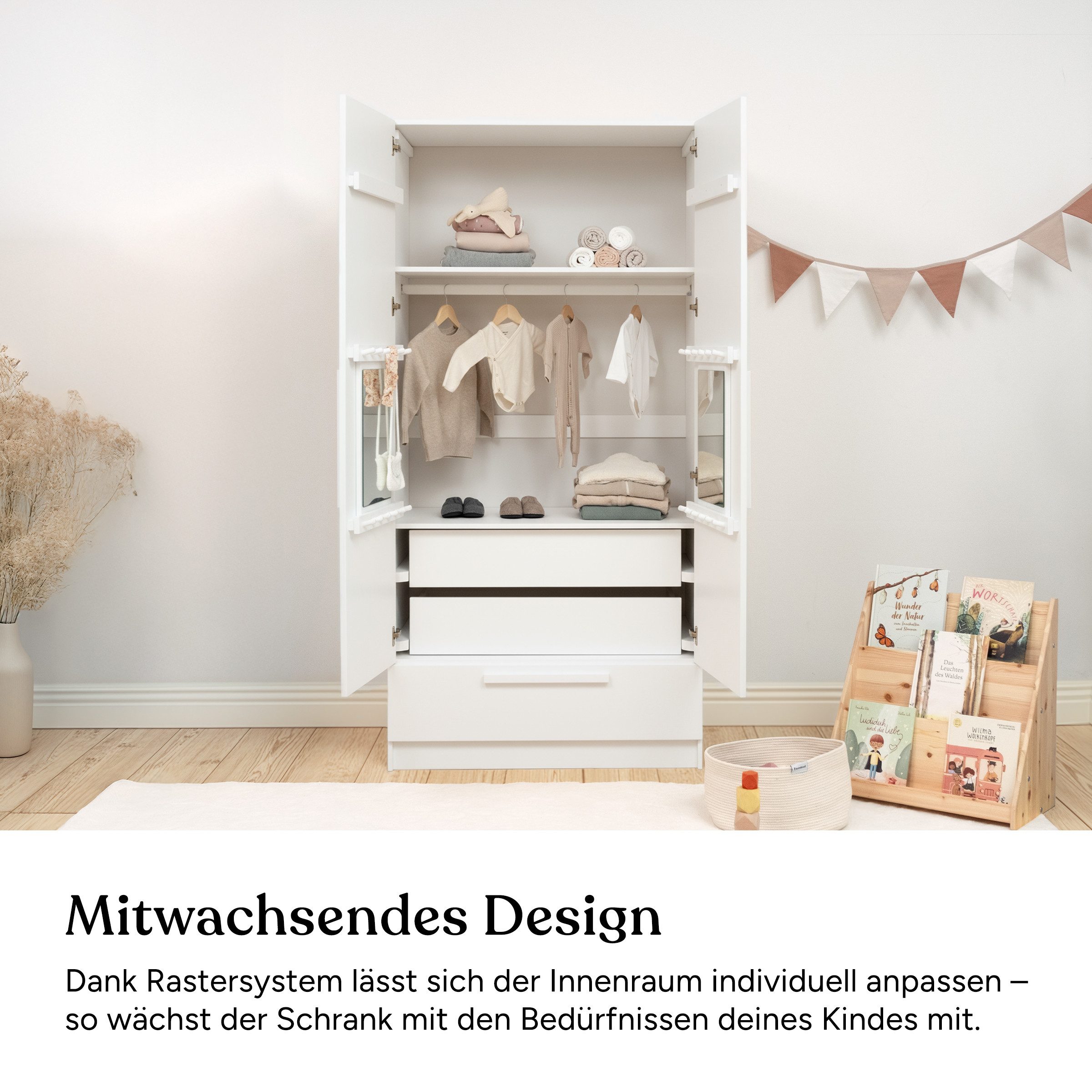 Ehrenkind Kleiderschrank Linia 100 cm aus Kiefernholz (inkl. Kleiderstange, 2 Einlegeböden, Schublade und 2 Innenschubladen, mehrstufige Stauraumlösung für Kleidung und Accessoires) flexible Innenaufteilung durch variables Rastersystem