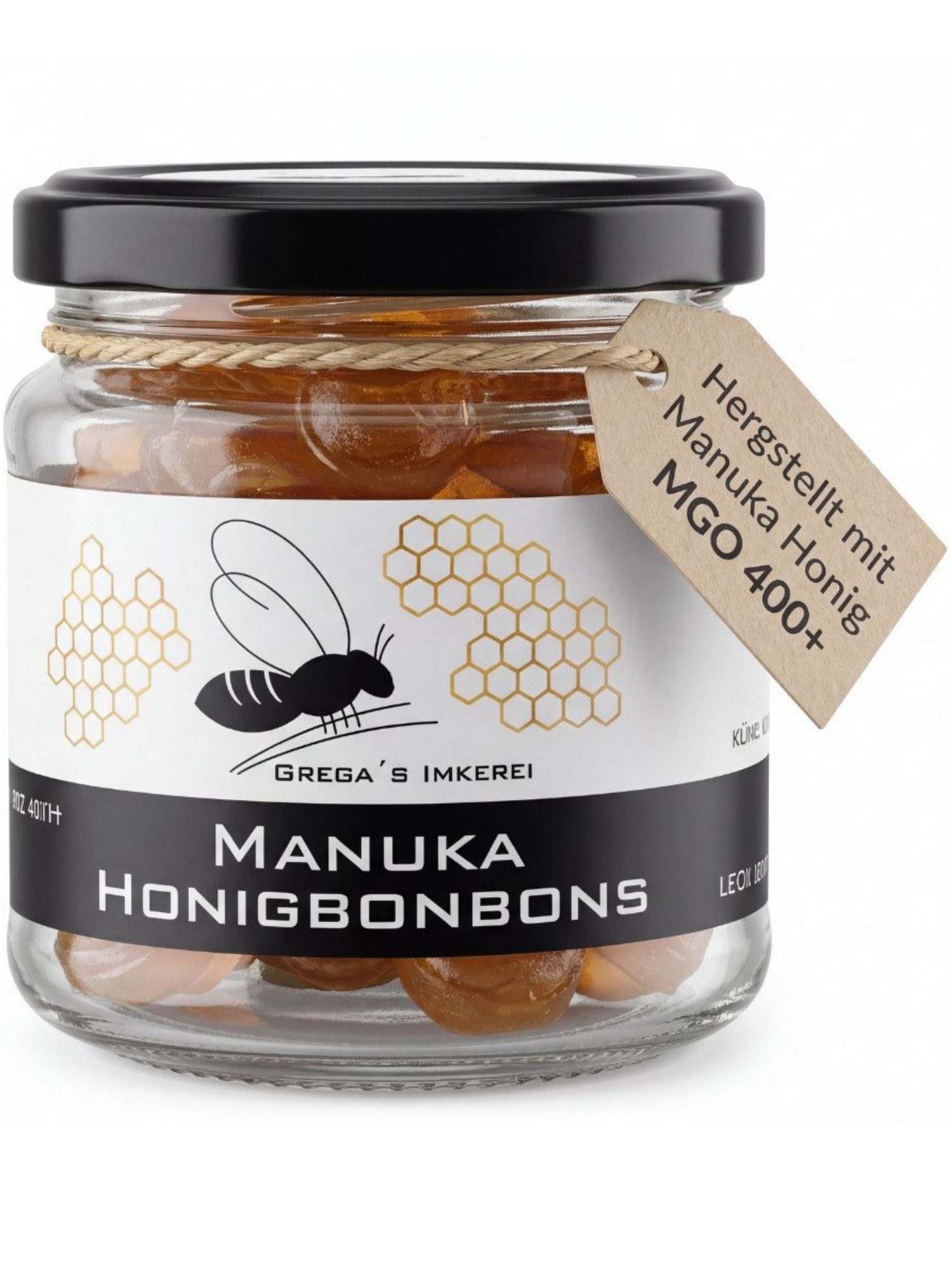 Grega´s Imkerei Honig Bonbon mit Manuka Honig MGO 400+, 1 x 120 g, (im Glas, Ideal für unterwegs, als wohltuender Begleiter), mit Laborgeprüften Manuka Honig per Hand in Deutschland hergestellt