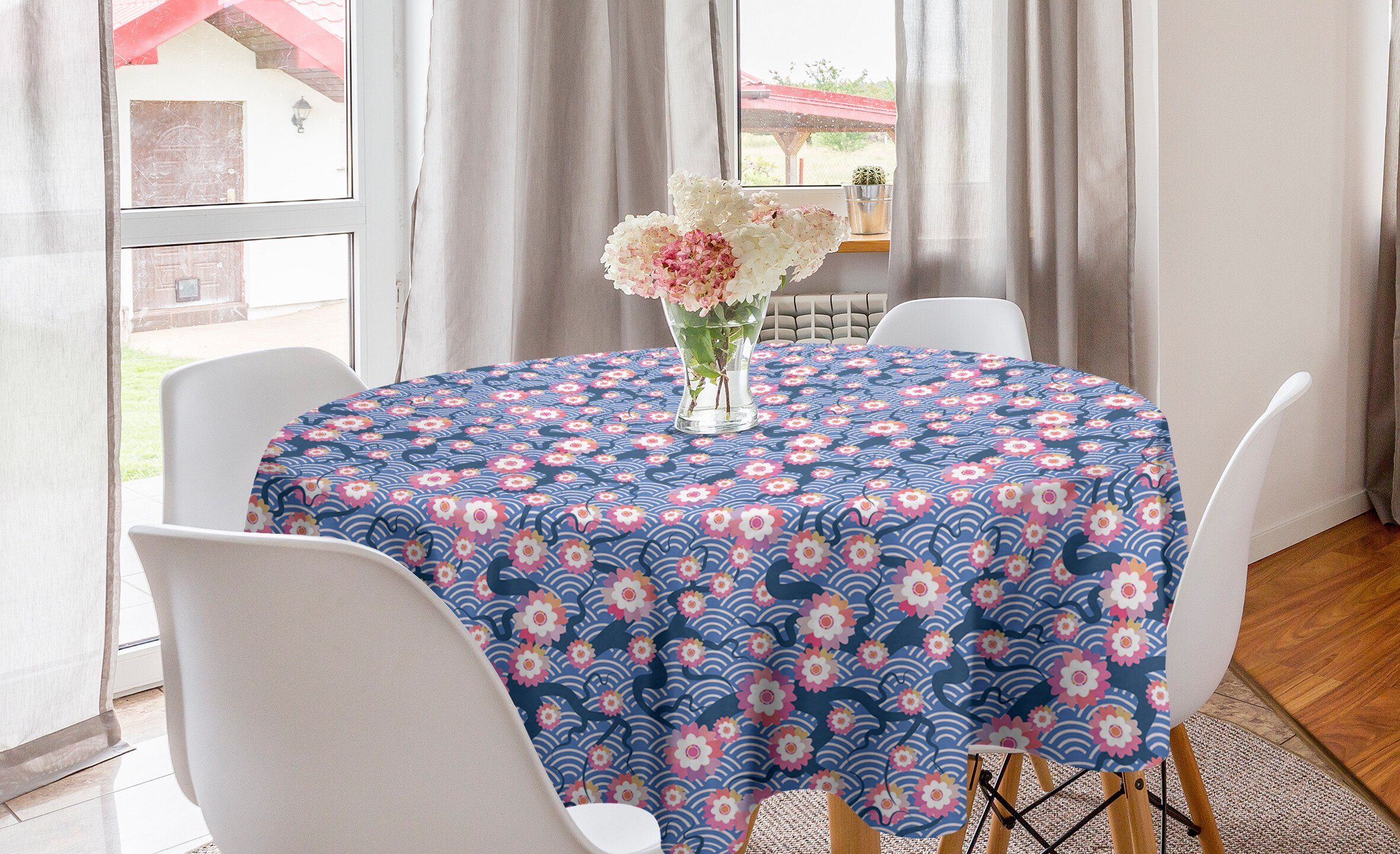 Abakuhaus Tischdecke Esszimmer Abdeckung Tischdecke Dekoration, Art Deco-Skala für Küche Kirschblüte Kreis