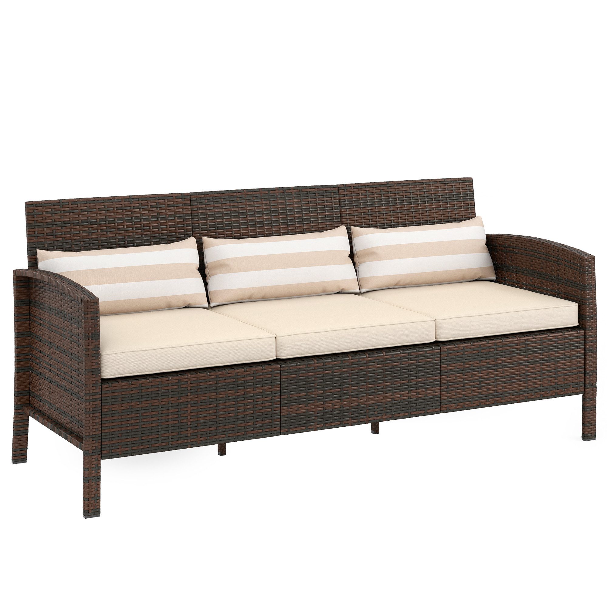 Outsunny Gartenbank Rattan Sofa mit Kissen (Gartenmöbel, 1-St., Garten Loungesofa), Stahl, Braun, 173 x 68 x 78 cm