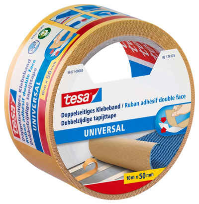 tesa Doppelklebeband UNIVERSAL Doppelseitiges Klebeband (Packung, 1-St) Gewebeklebeband / Verlegeband für Teppiche & Basteln - 10 m : 50 mm