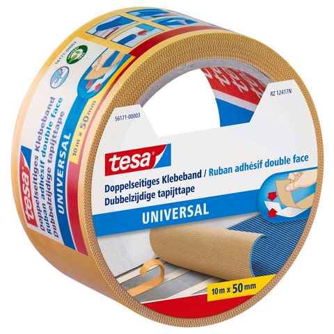tesa Doppelklebeband UNIVERSAL Doppelseitiges Klebeband (Packung, 1-St) Gewebeklebeband / Verlegeband für Teppiche & Basteln - 10 m : 50 mm