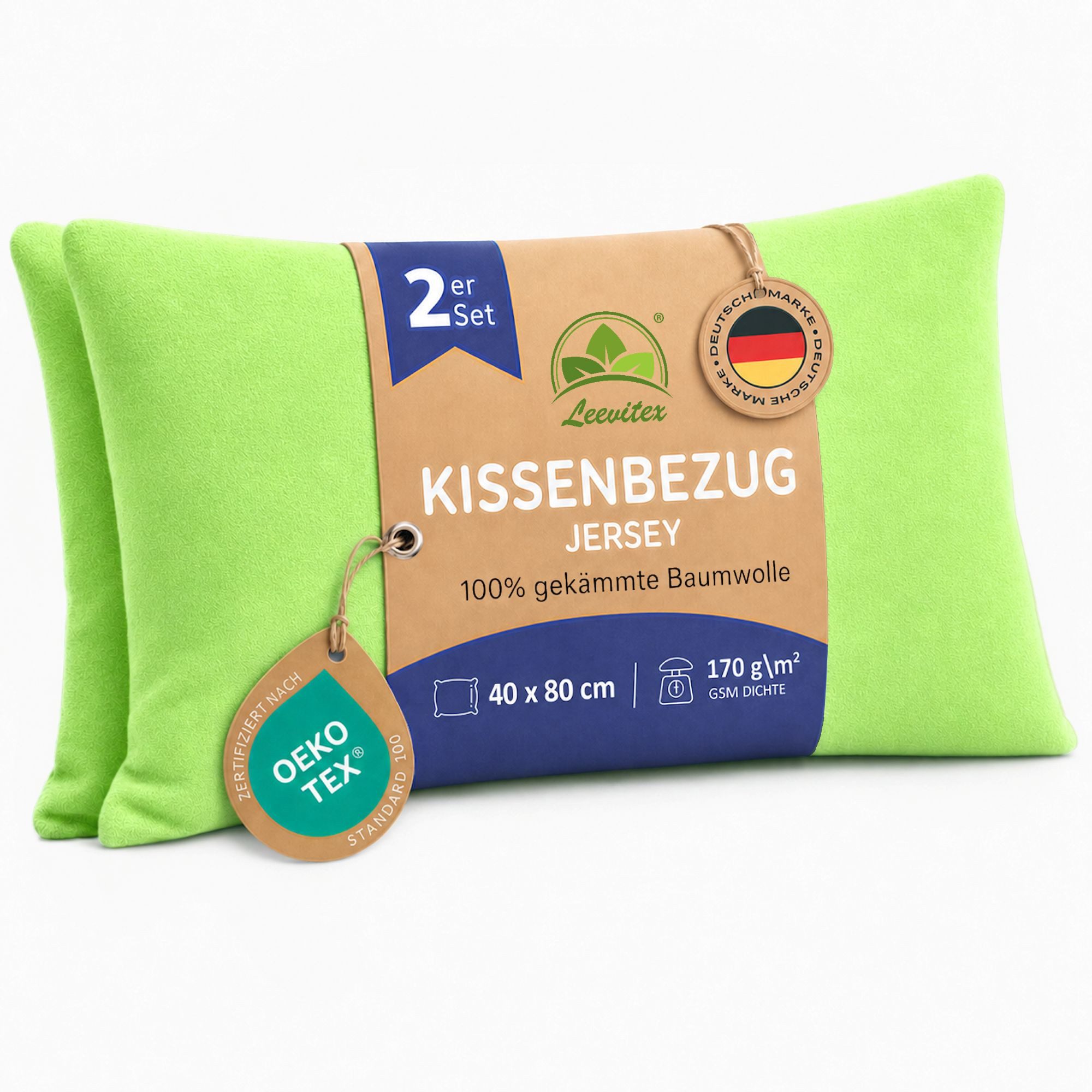 leevitex® Kissenbezüge Kissenbezug 40 x 80 cm, 2er Set, Apfelgrün/Hellgrün, (2 Stück), feine Jersey-Qualität, 100% Baumwolle, robuster Reißverschluss